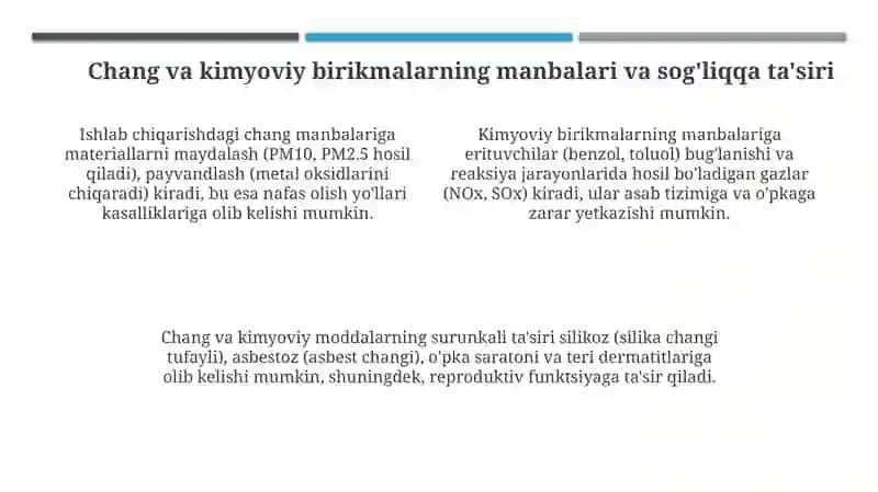 Ishlab chiqarish muhiti havosida chang va kimyoviy birikmalarni aniqlash va baholash 4