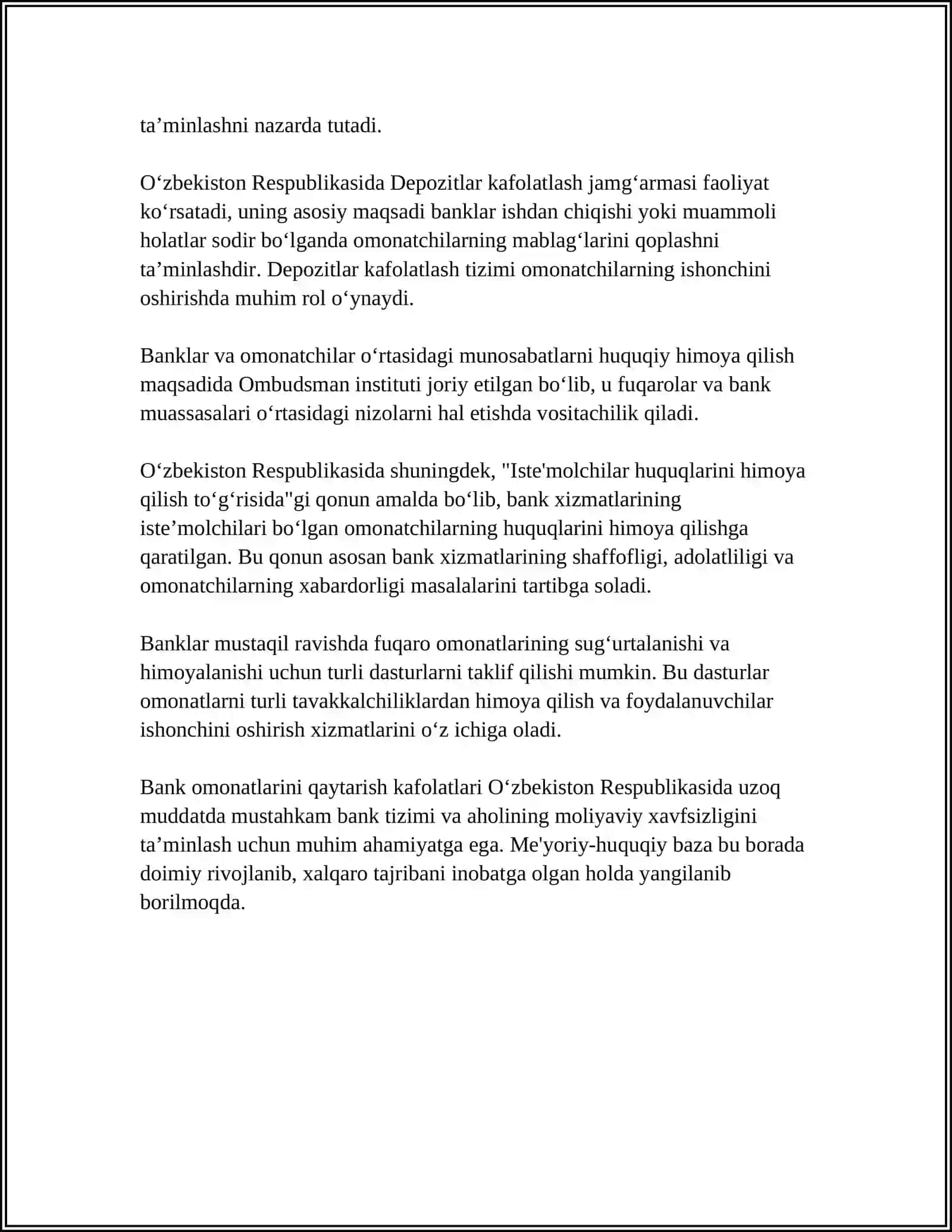 BANK OMONATI SHARTNOMASI BO‘YICHA FUQAROLARNING MABLAG‘LARINI QAYTARISH KAFOLATLARI 4