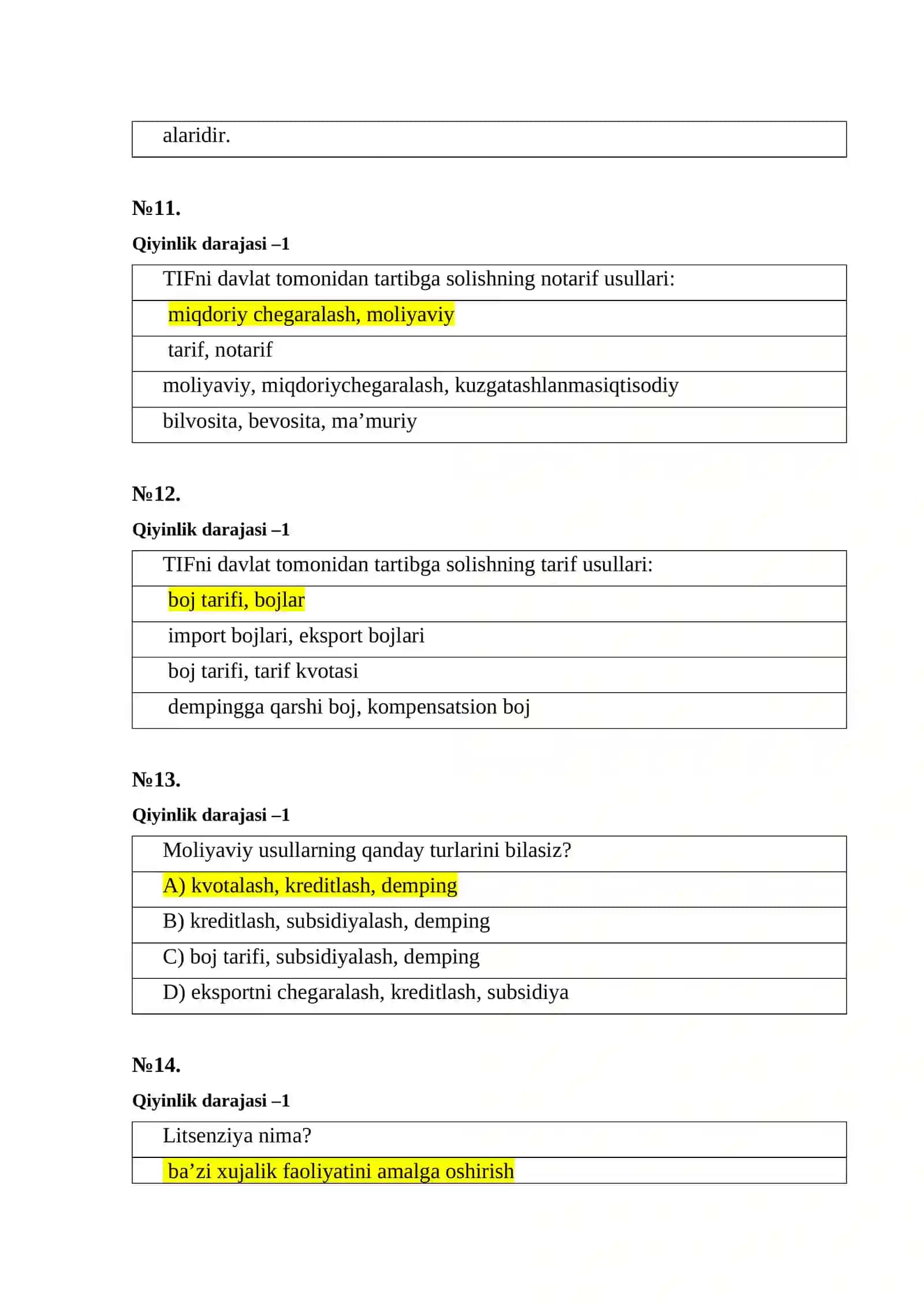 Bojxona test javoblari bilan 4