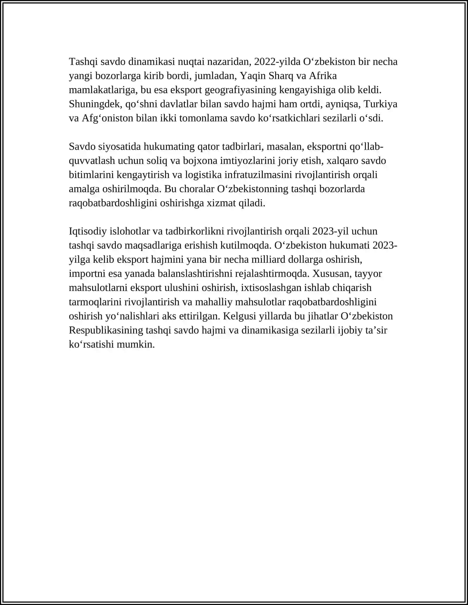 OʼZBEKISTON RESPUBLIKASINING TASHQI SAVDO KOʼRSATKICHLARI TAHLILI 4