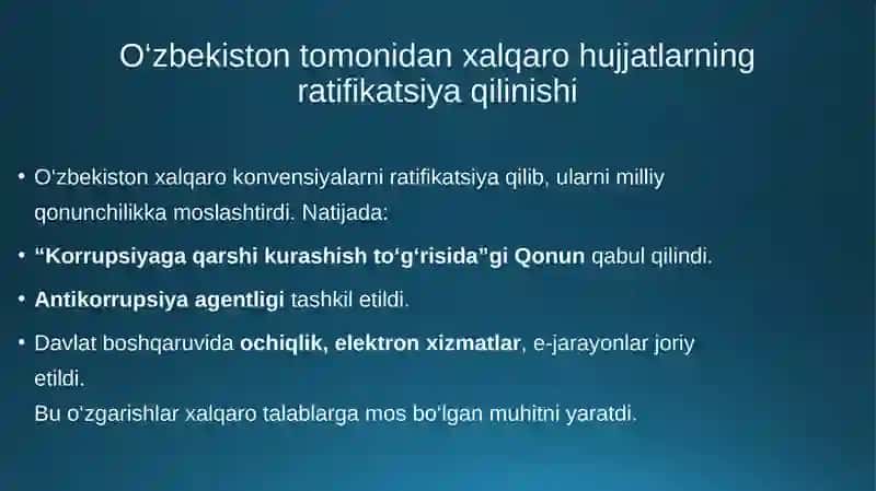 Korrupsiyaga qarshi kurash bo‘yicha xalqaro qonunlar va qarorlarning O‘zbekistonda ratifikatsiya qilinishining ahamiyati, iqtisodiy-siyosiy va ijtimoiy huquqiy mexanizmlari 4