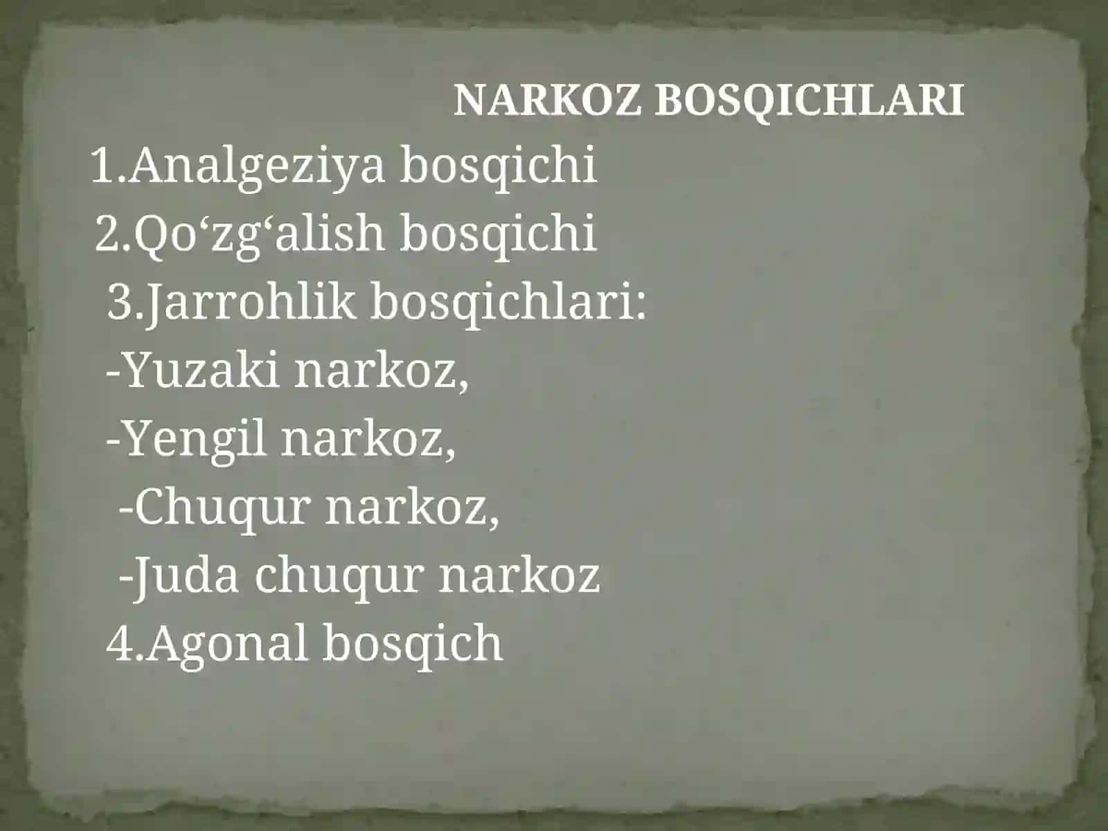 Narkoz vositalari. Etil spirti. Uxlatuvchi vositalar. Alkogolizm va uning asoratlari 4