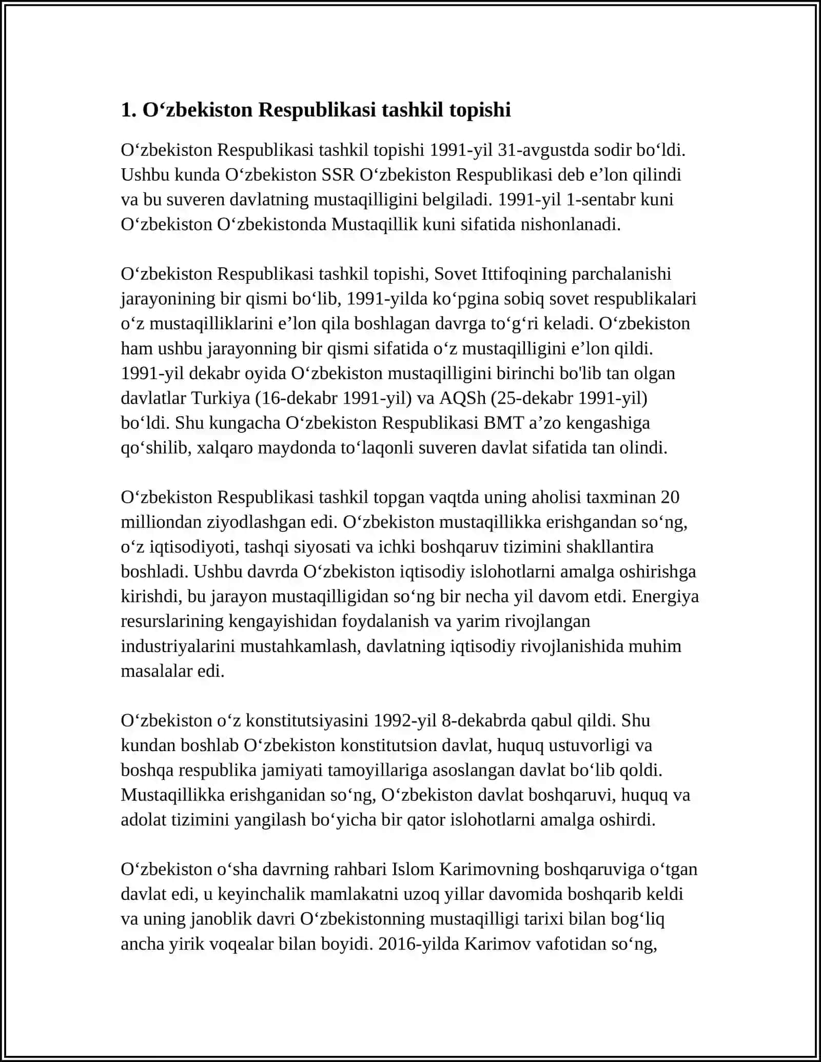 MUSTAQIL O’ZBEKISTON RESPUBLIKASINING TUZILISHU VA UNING TARIXIY AHAMIYATI O’ZBEKISTONNING O’ZIGA XOS MUSTAQIL VA RIVOJLANISH YO’LI 4