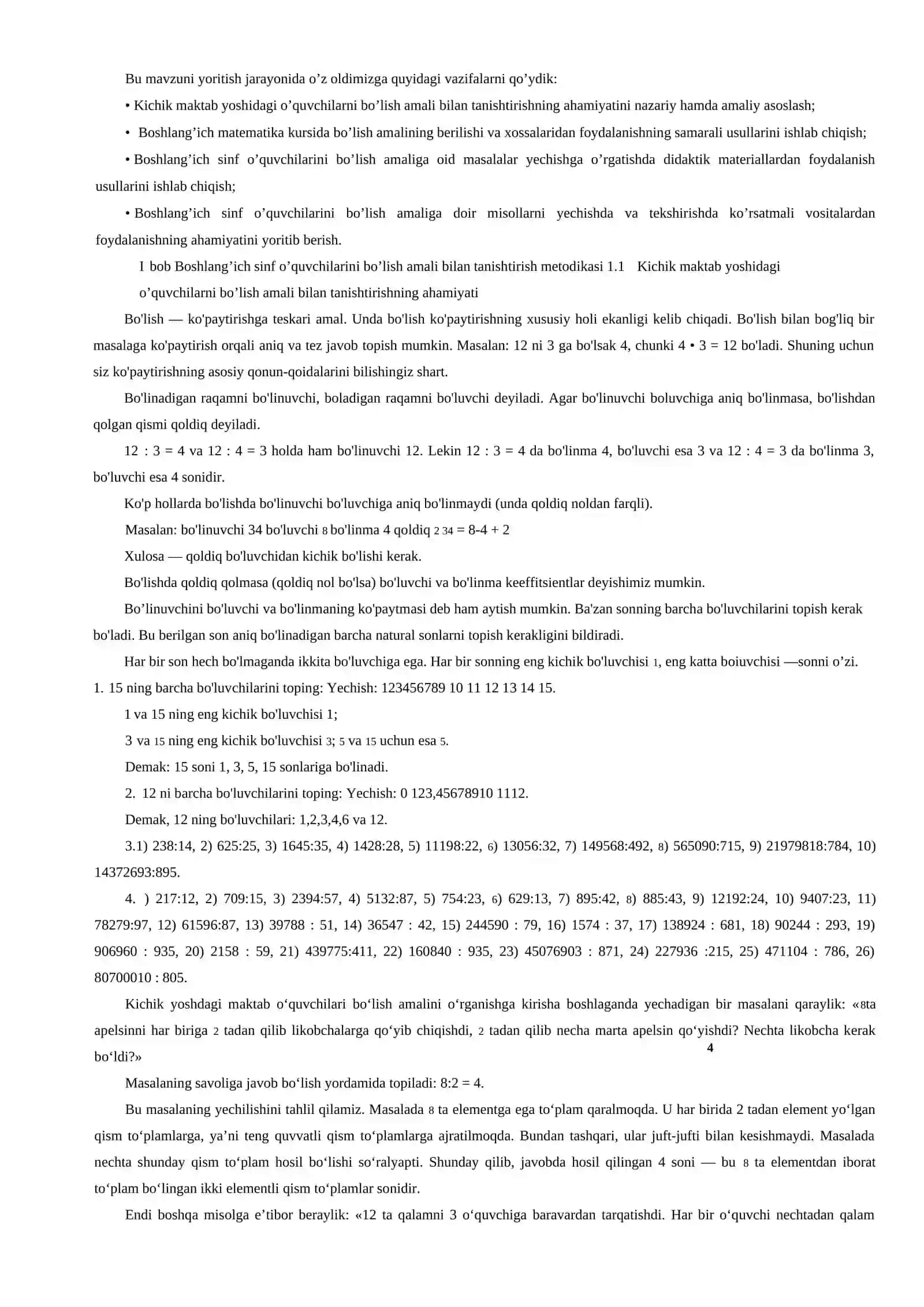 BOSHLANG’ICH SINF MATEMATIKA DARSLARIDA BO’LISH AMALINI O’RGATISHDA QOLDIQLI BO’LISHDAN FOYDALANISH METODIKASI 4