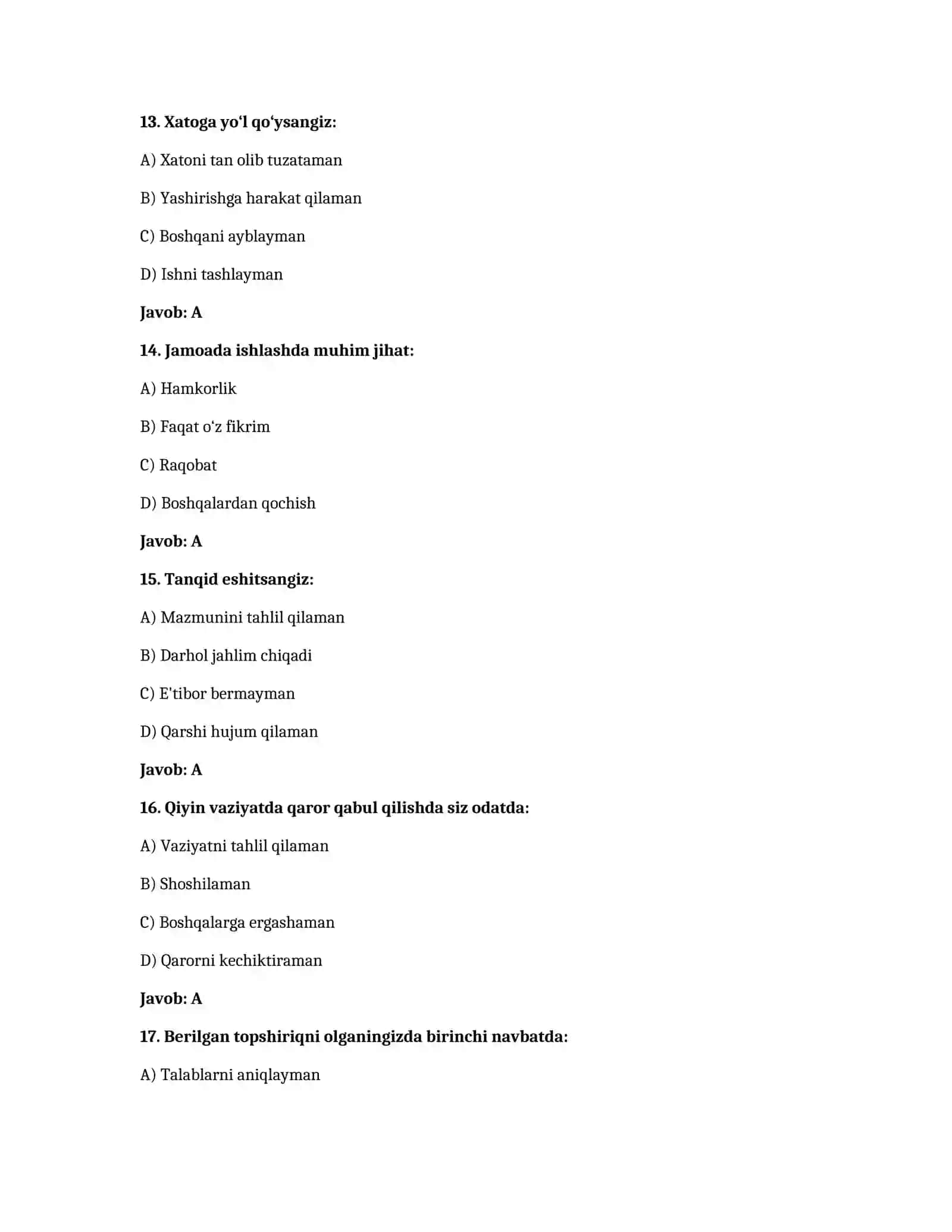 Ichki ishlar tizimiga kiruvchilar uchun psixologik testlar to'plami 4
