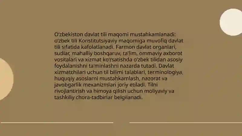 O‘zbekiston Respublikasi Prezidenti Sh.M.Mirziyoyevning “O‘zbek tilining davlat tili sifatidagi nufuzi va mavqeyini tubdan oshirish chora-tadbirlari to‘g‘risida”gi Farmoni 4