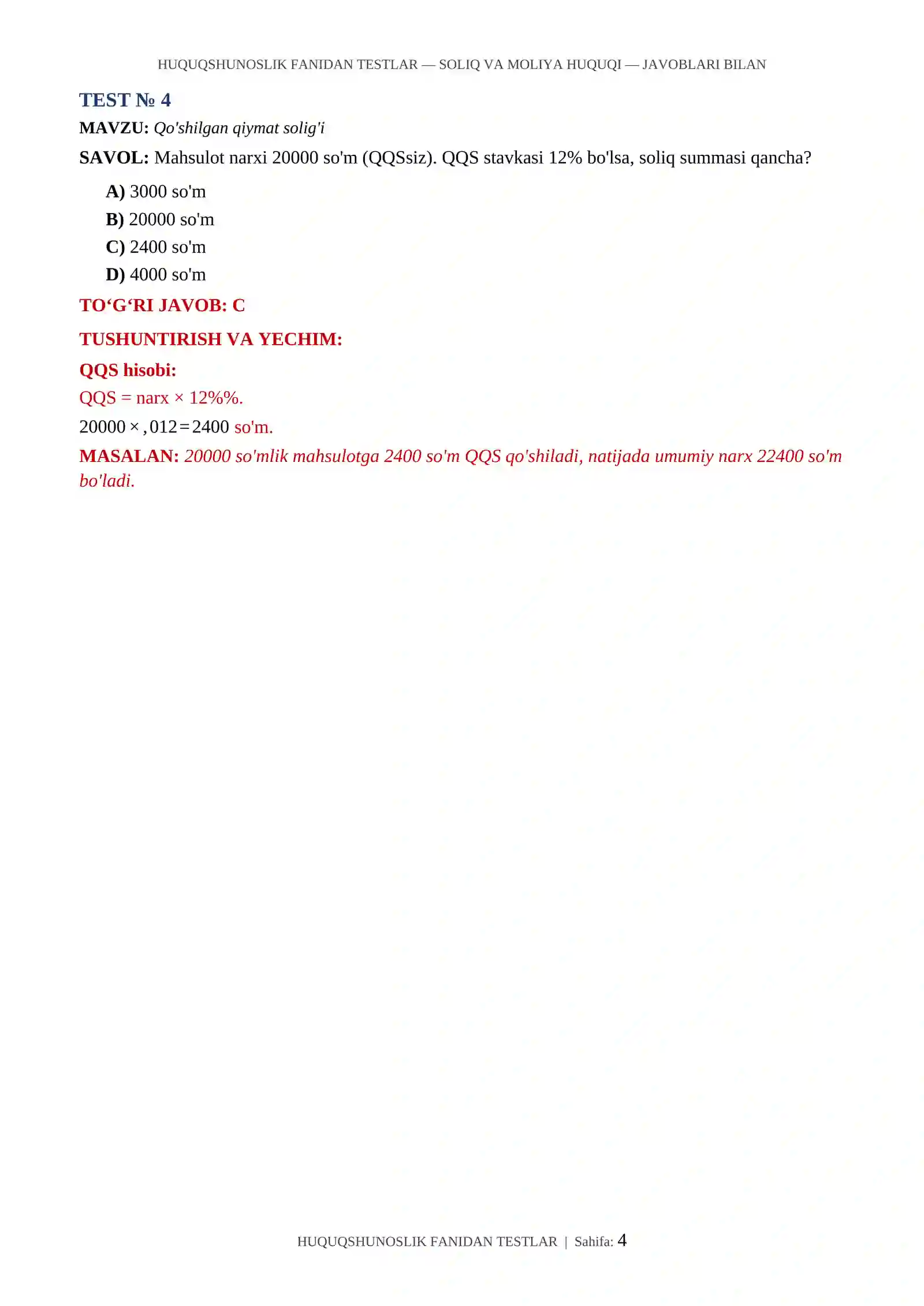 HUQUQSHUNOSLIK FANIDAN TESTLAR 4