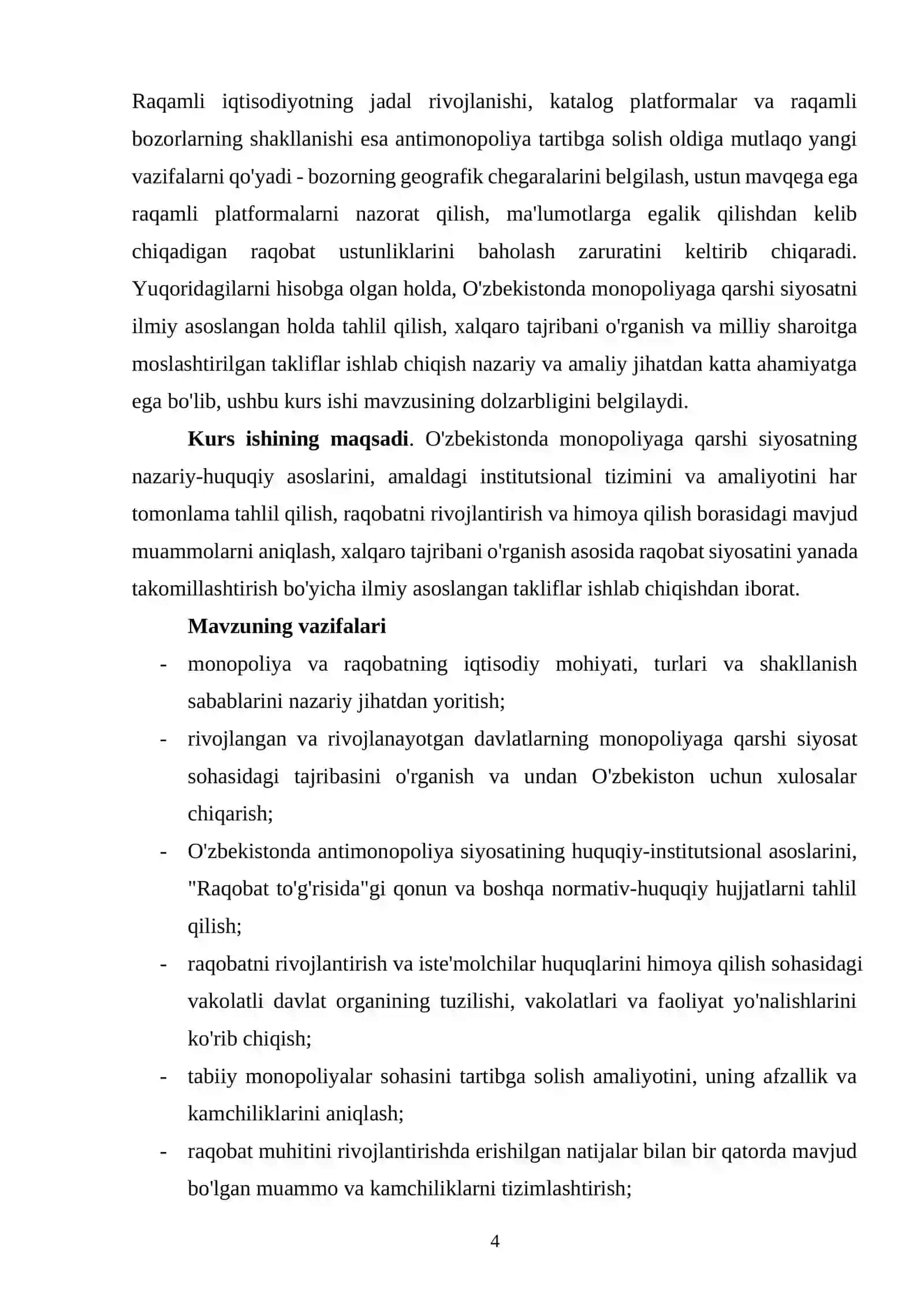 O'zbekistonda monopoliyaga qarshi siyosat va raqobatni rivojlantirish hamda himoya qilishni yanada k 4