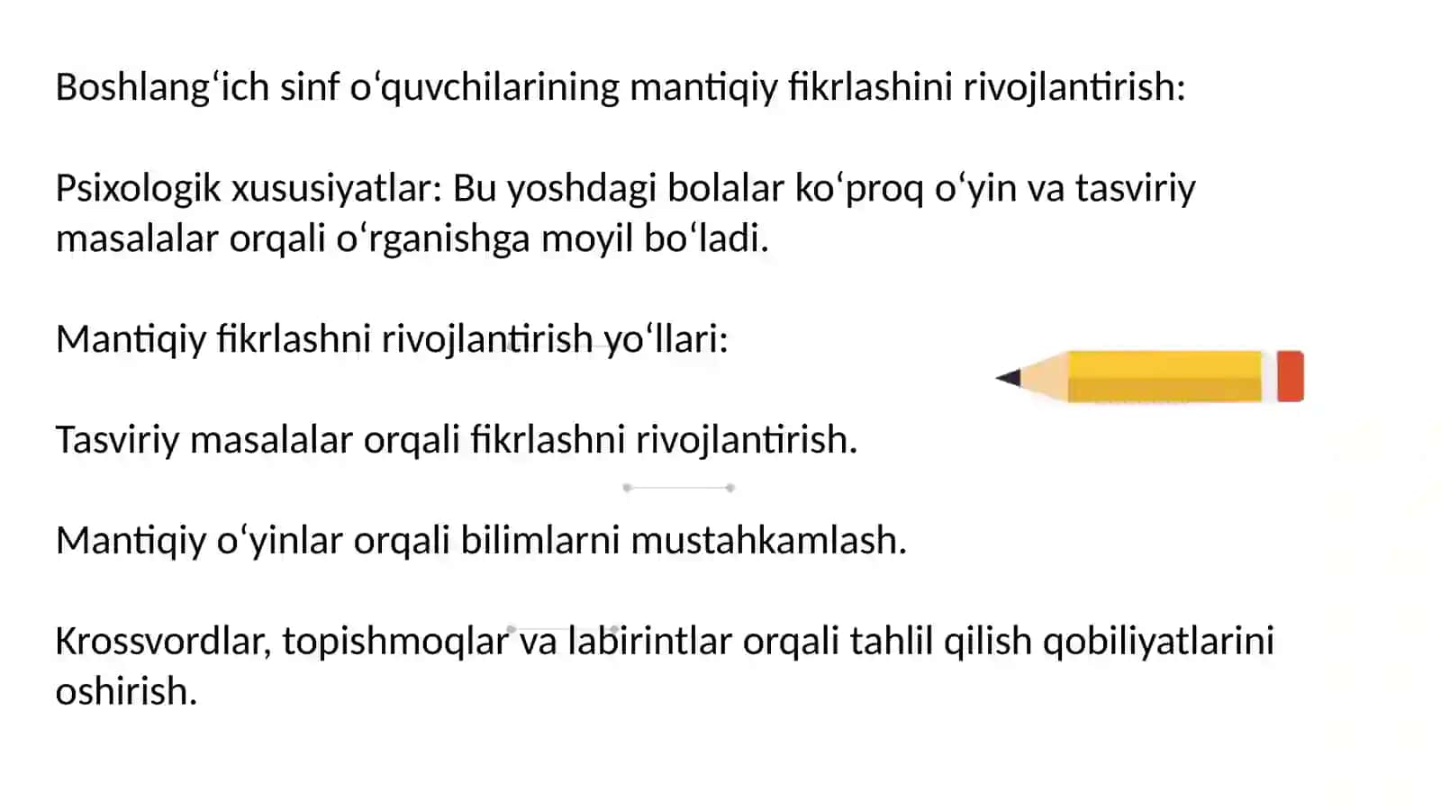 Mavzu: Boshlang’ich sinf matematika darslarida mantiqiy   masalalarni echishga o’rgatish. 4