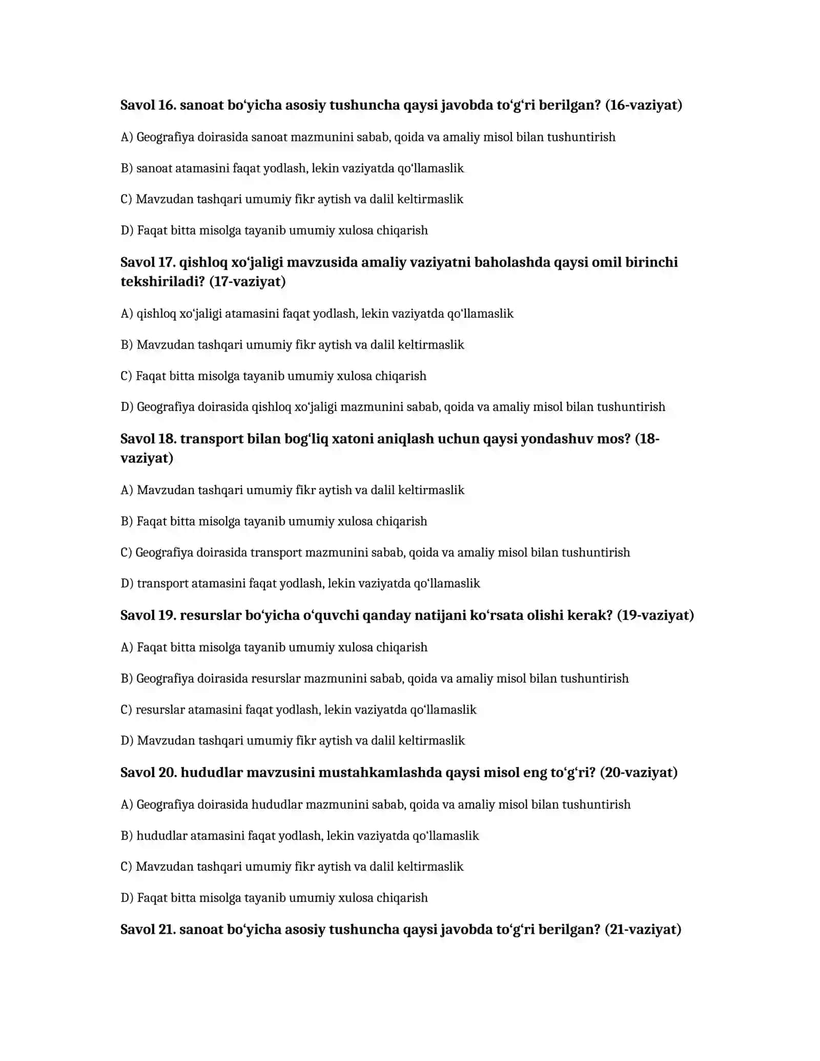 O‘zbekiston iqtisodiy geografiyasi — 100 test 4
