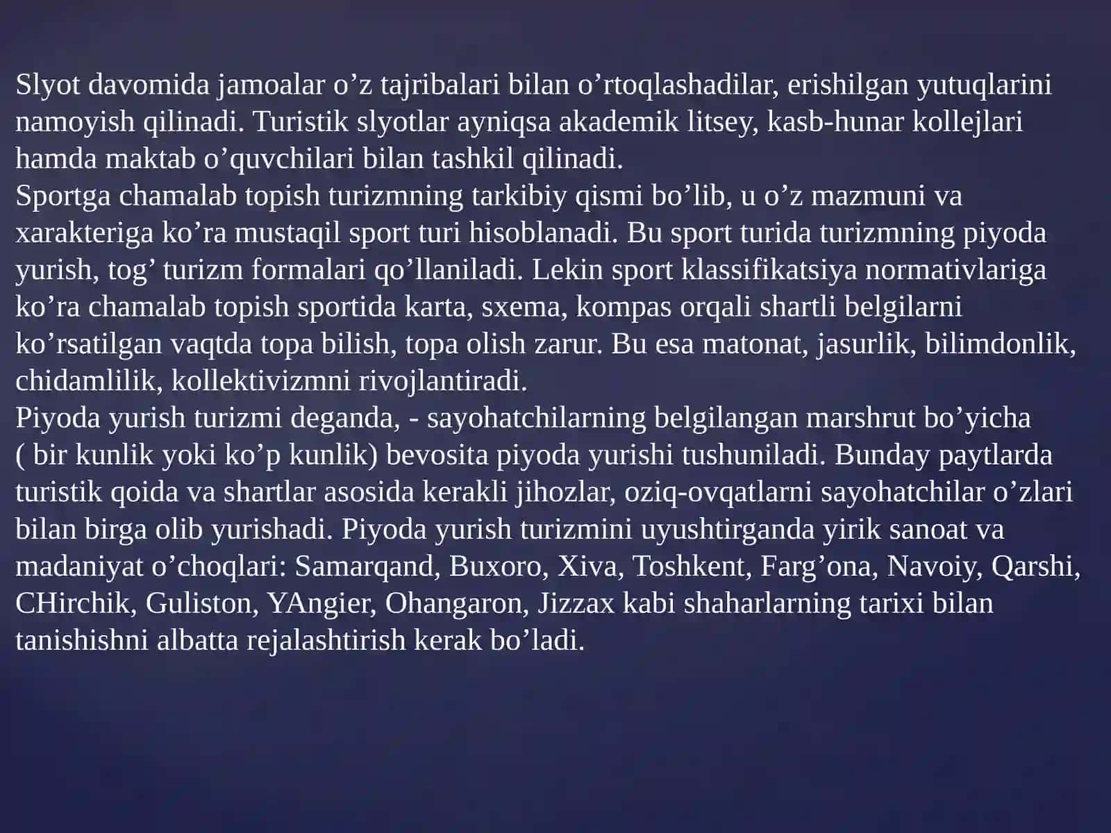 Turizm texnika va taktikasi tasnifi va turizm elementlari bo'yicha musobaqalar 4