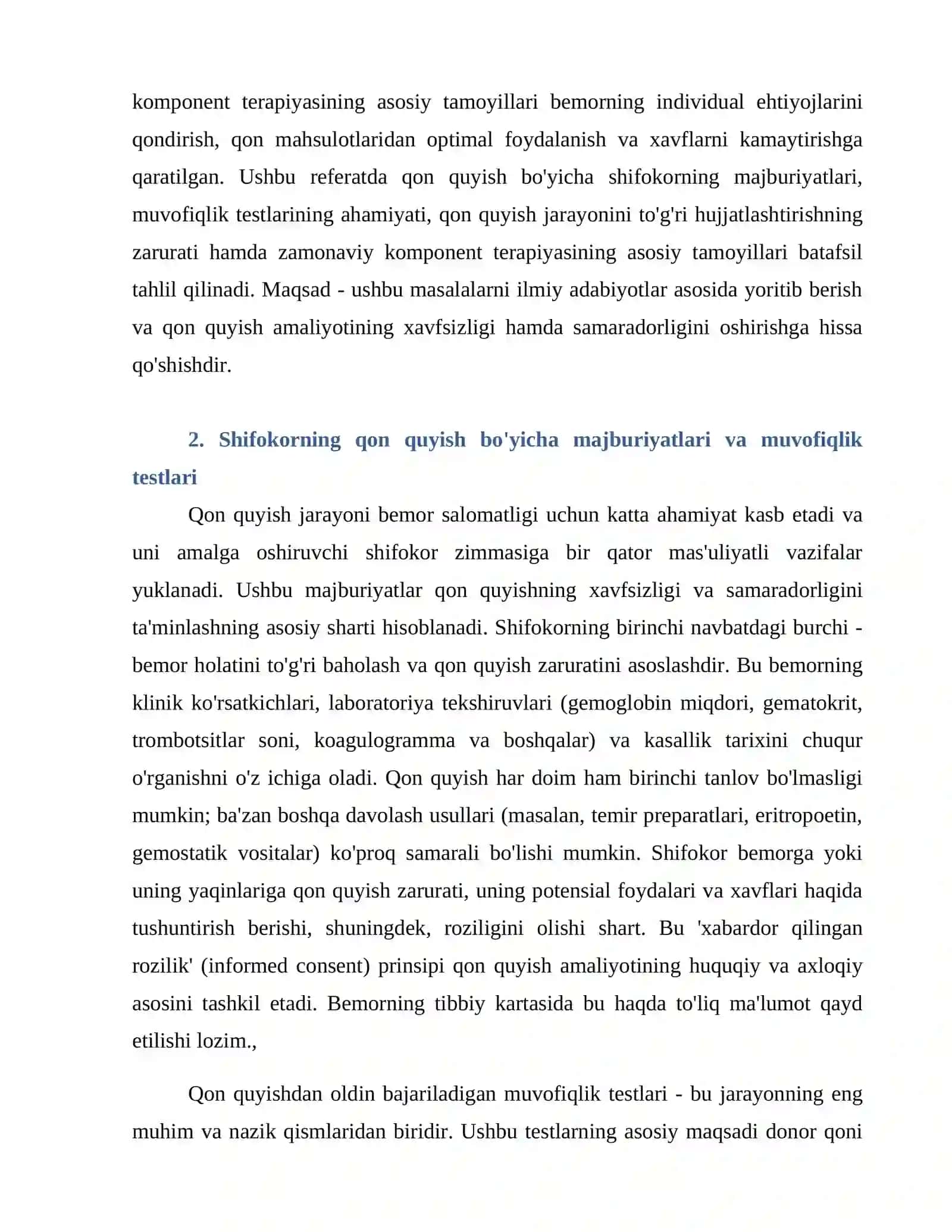 Qon quyish amaliyoti: Shifokorning majburiyatlari, muvofiqlik testlari, hujjatlashtirish va zamonaviy komponent terapiyasi tamoyillari 4