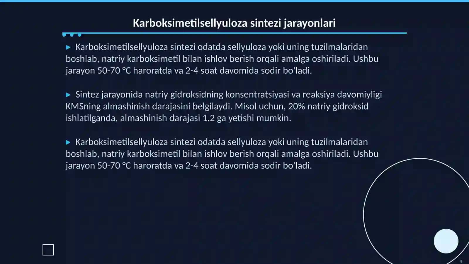 Polimerlanish va almashinish darajasi turlicha bo'lgan karboksimetilsellyuloza sintezi va ularni tozalash usullari 4