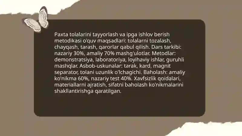 Texnologʻiya taʼlimi va uni oʻqitish metodikasi fanidan ip va tola turlariga ishlov berish texnologiyasi 4