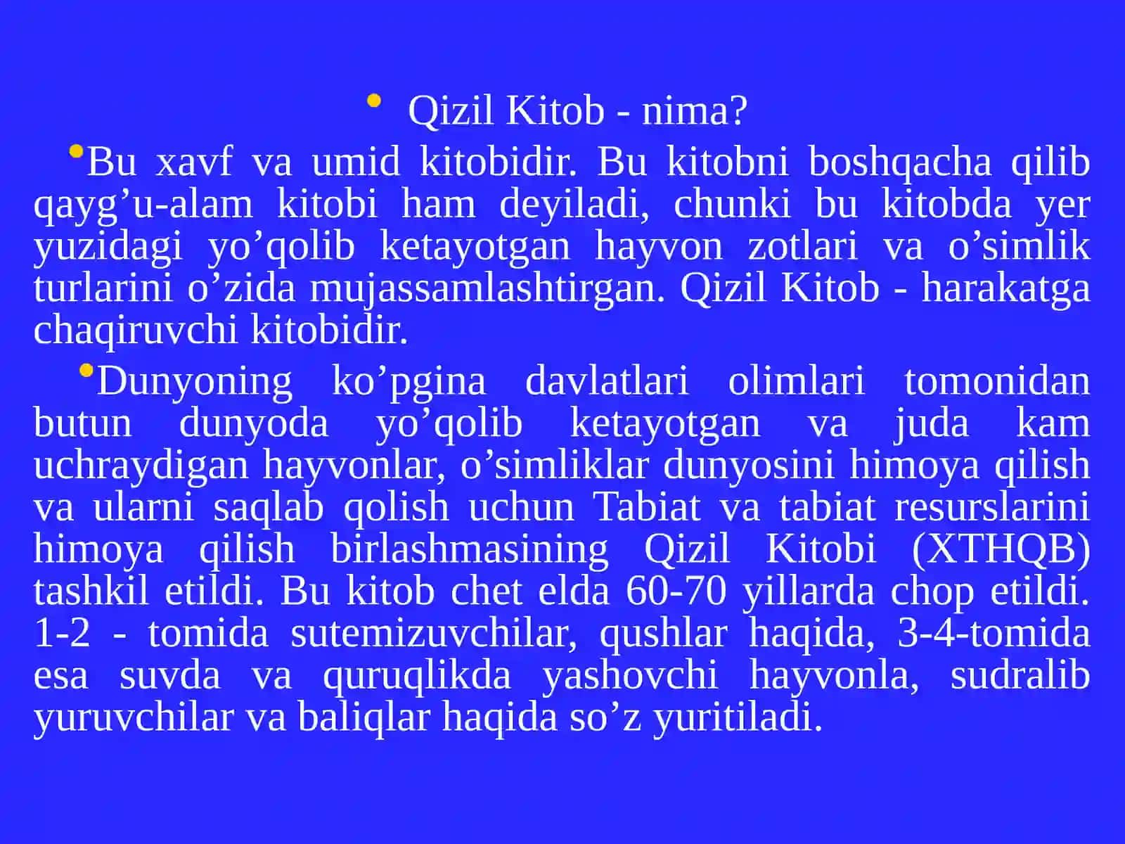 “O‘zbekiston Qizil kitobi” fanidan 1-mavzu: “ 4