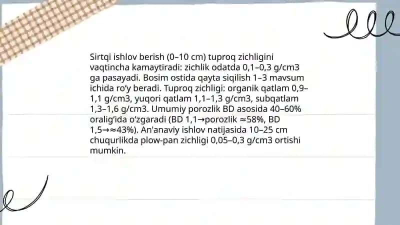 yerga asosiy ishlov berish usullarining tuproq xususiyatlari va oʻsimliklar oʻsishi hamda rivojlanishiga taʼsiri 4