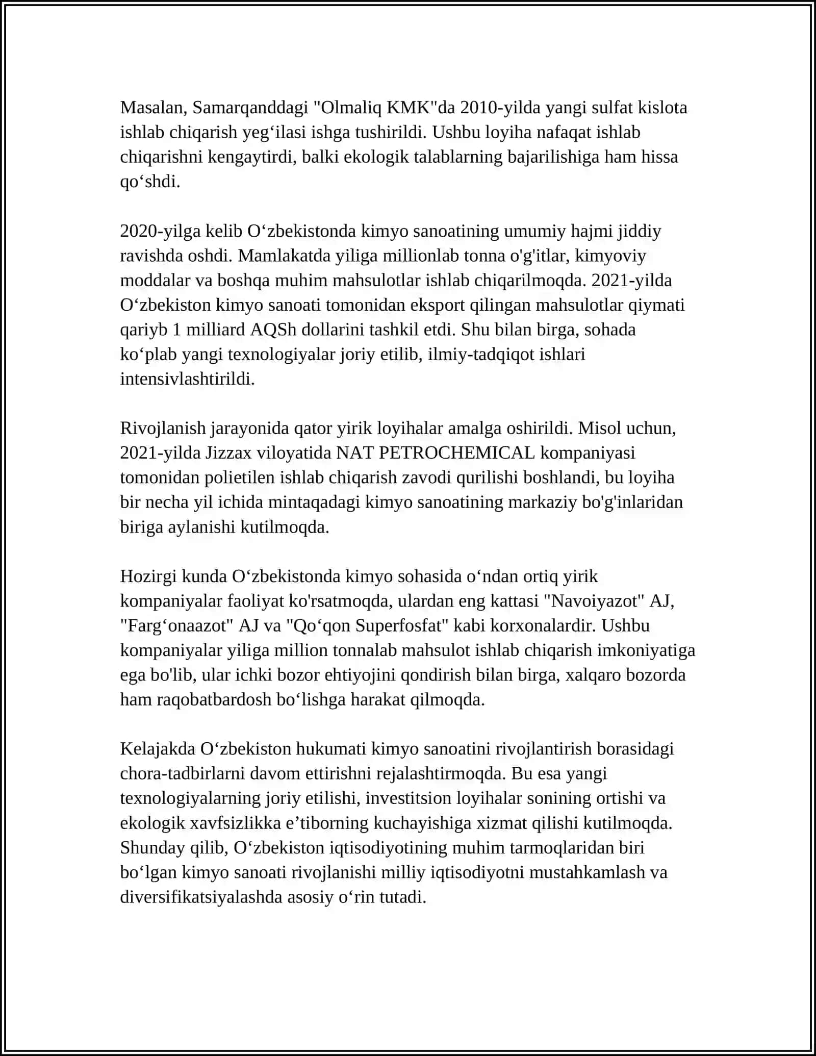 MUSTAQIL ISH Mavzu: OʻZBEKISTONDA KIMYOVIYTOLALARNI TAYYORLASH VA QAYTA ISHLASH 4