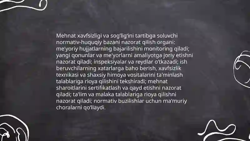 Mehnat muhofazasining huquqiy va tashkiliy asoslarini nazorat qiluvchi organ 4