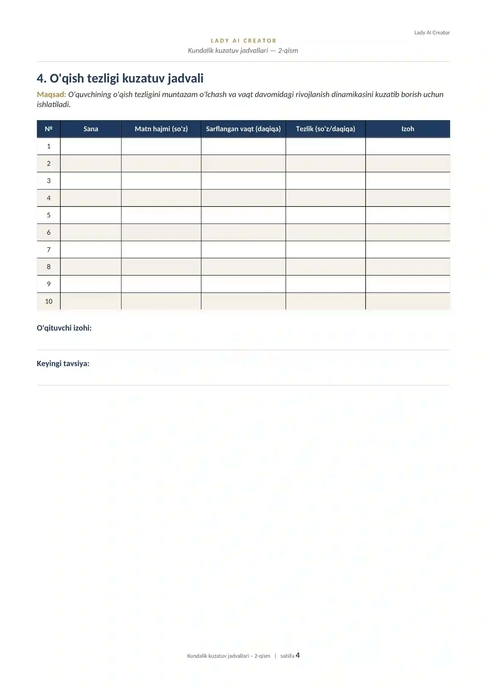 Kundalik kuzatuv jadvallari — 2-qism | O'qituvchilar va ota-onalar uchun (10 ta printable jadval) 4