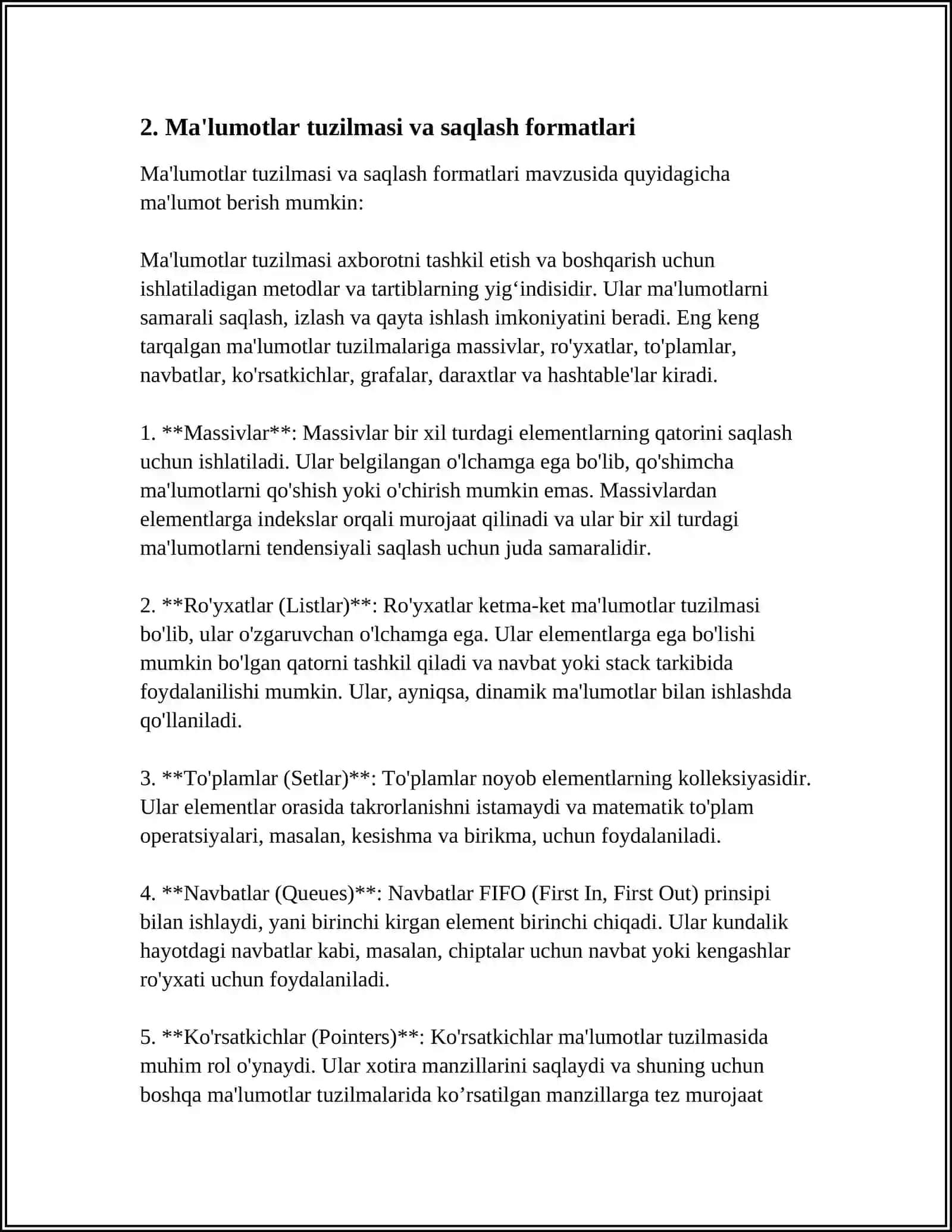 Ma'lumotlar tuzilmasi va saqlash formatlari 4