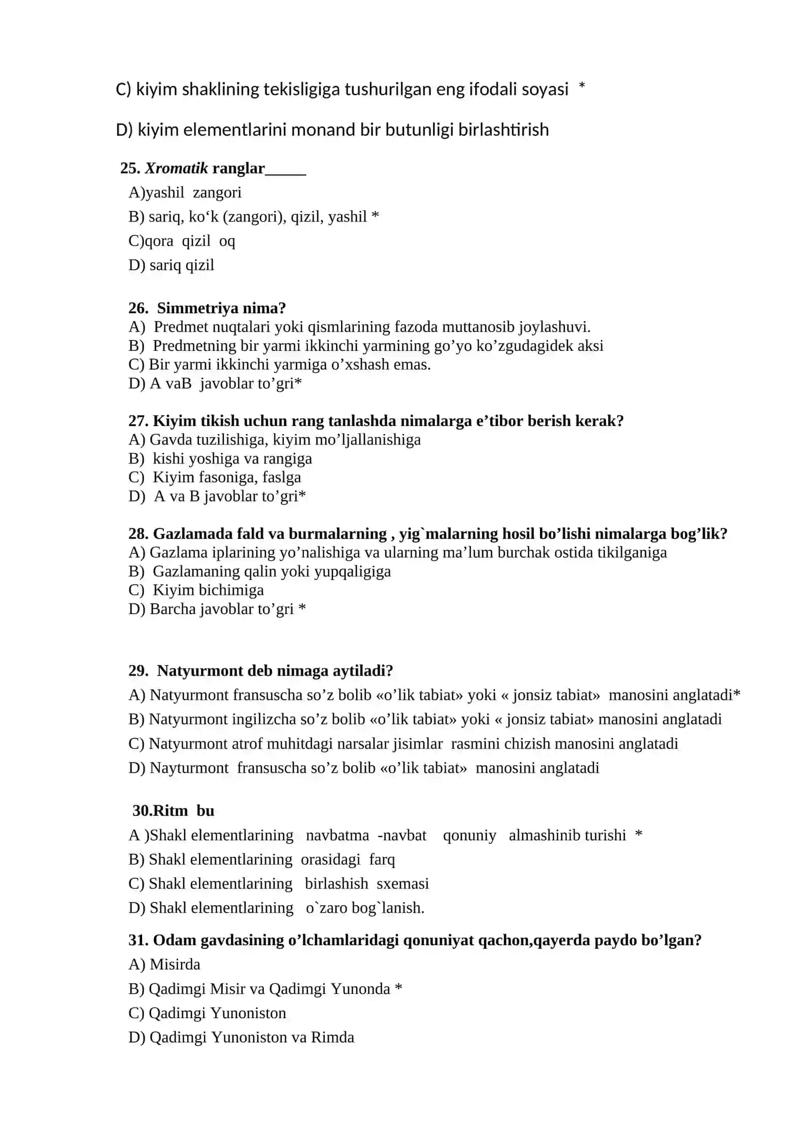 To’qish tikish yo’nalishi bo’yicha test savollari 4