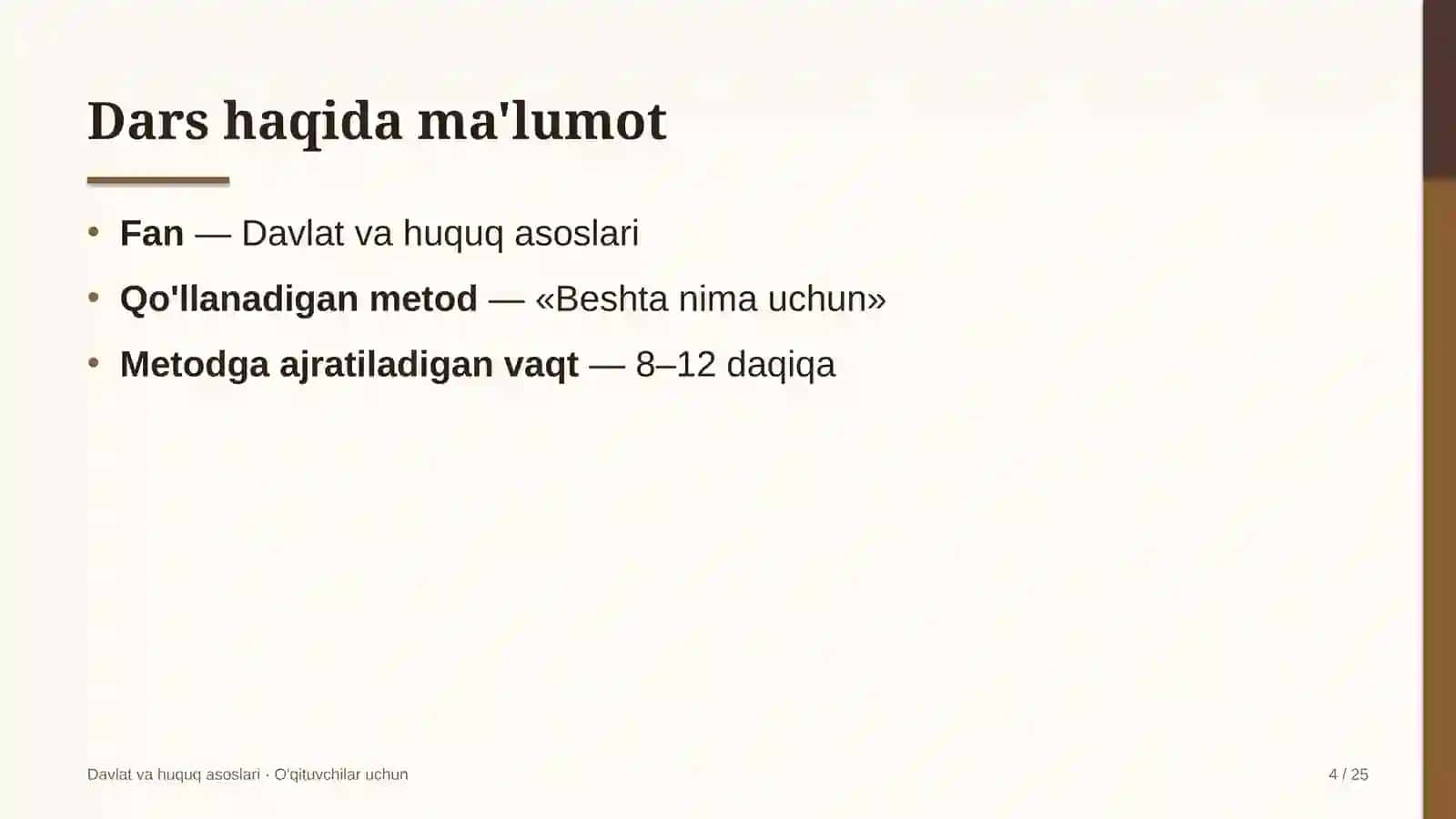 davlat va huquq asoslari darslarida beshta nima uchun metodidan foydalanish 7005 4