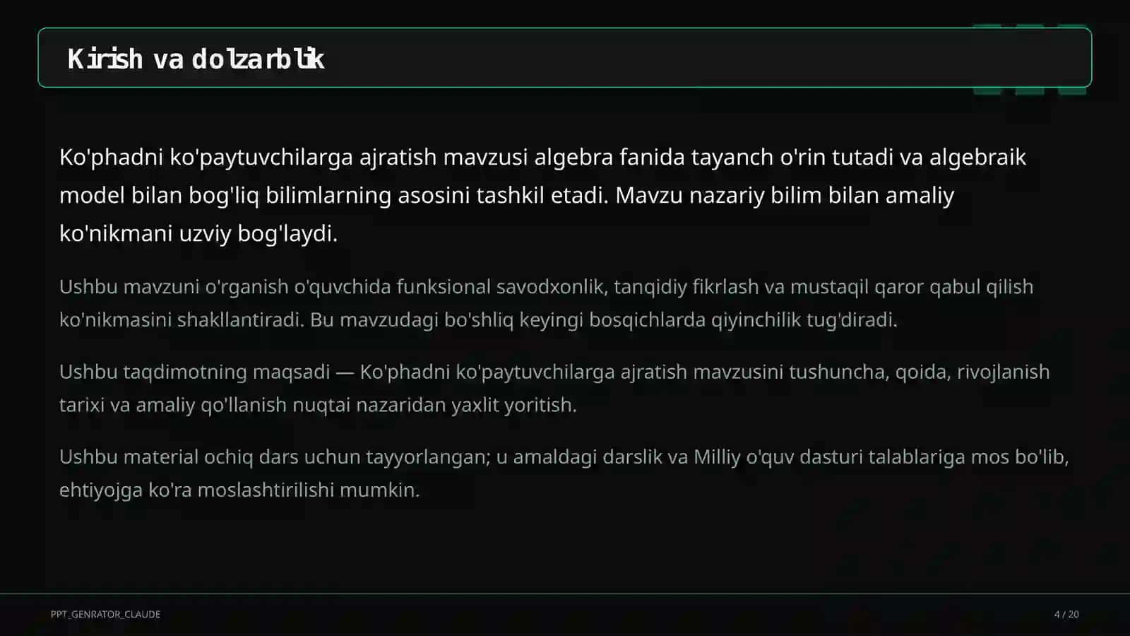 Algebra (7–11) — ochiq dars uchun 4