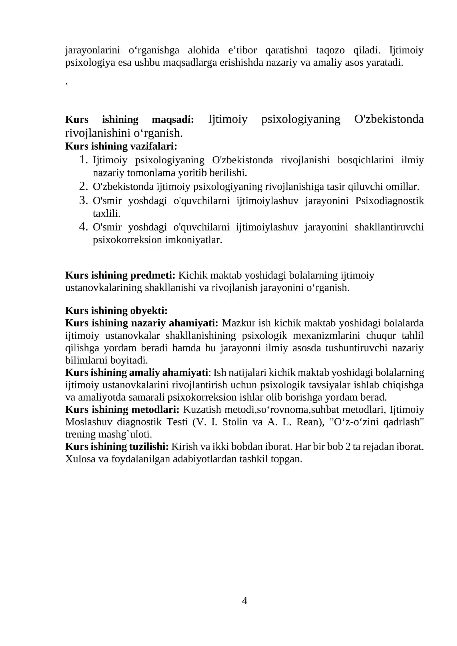 MUQUMIY NOMIDAGI QO’QON DAVLAT UNIVERSITETI - GURUH TALABASI - “Ijtimoiy psixologiyaning O'zbekistonda rivojlanishi” KURS ISHI 4
