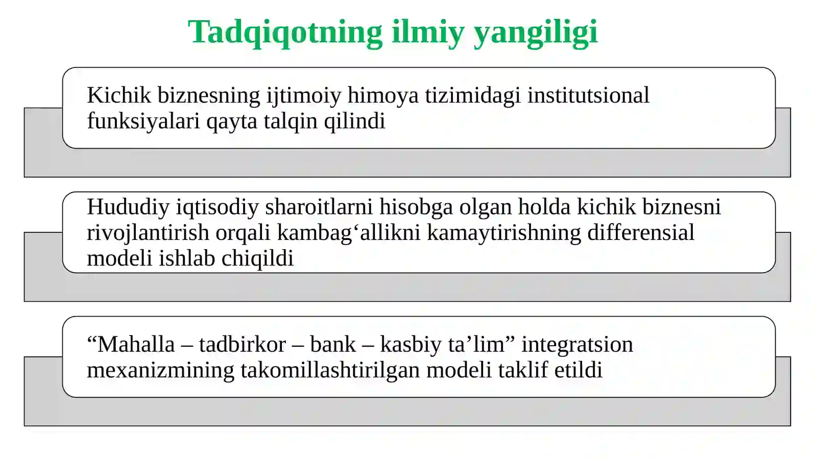 AHOLINI IJTIMOIY HIMOYA QILISH VA KAMBAG'ALLIKNI QISQARTIRISHDA KICHIK BIZNESNING ROLINI OSHIRISH MASALALARI (SURXONDARYO VILOYATI MISOLIDA) 4