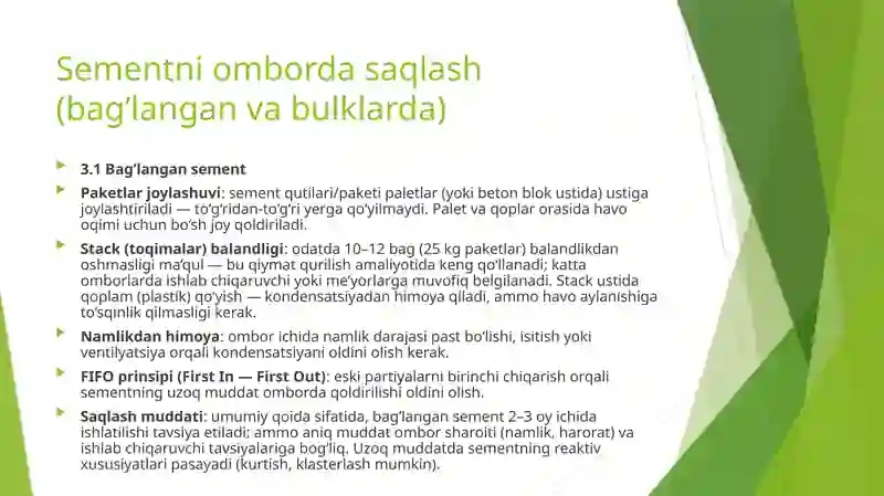 Sement va to'ldiruvchilarni omborlarga joylash 4