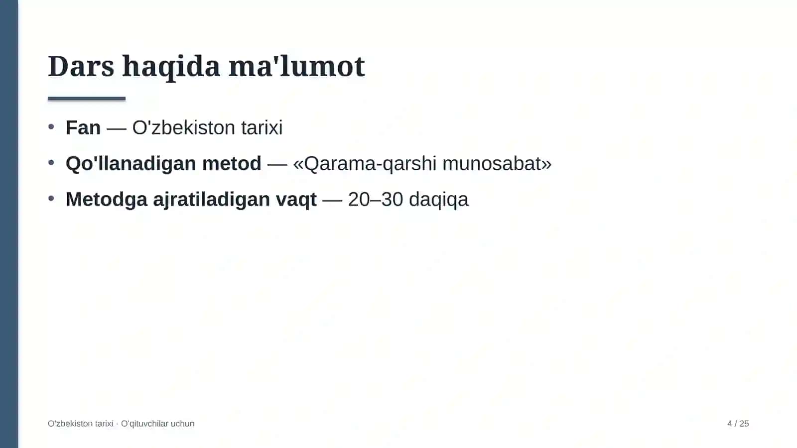 o'zbekiston tarixi darslarida qarama qarshi munosabat metodidan foydalanish 6768 4