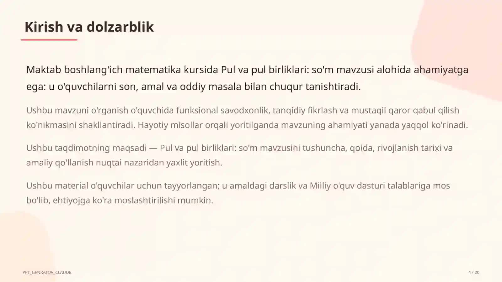 Pul va pul birliklari: so'm (2-sinf) 4