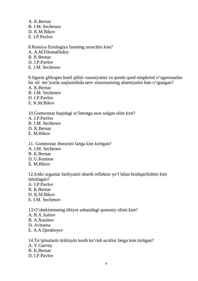 Yakuniy test savollari - Hayvonlar fiziologiyasi 4