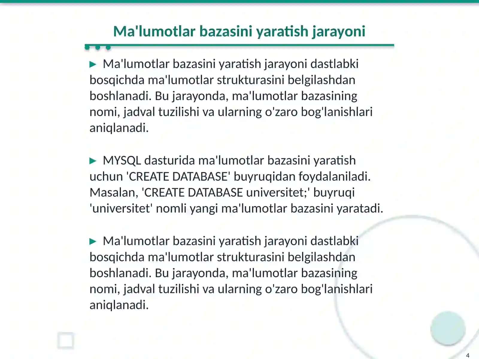 MySQL dasturi yordamida ma'lumotlar bazasini yaratish 4