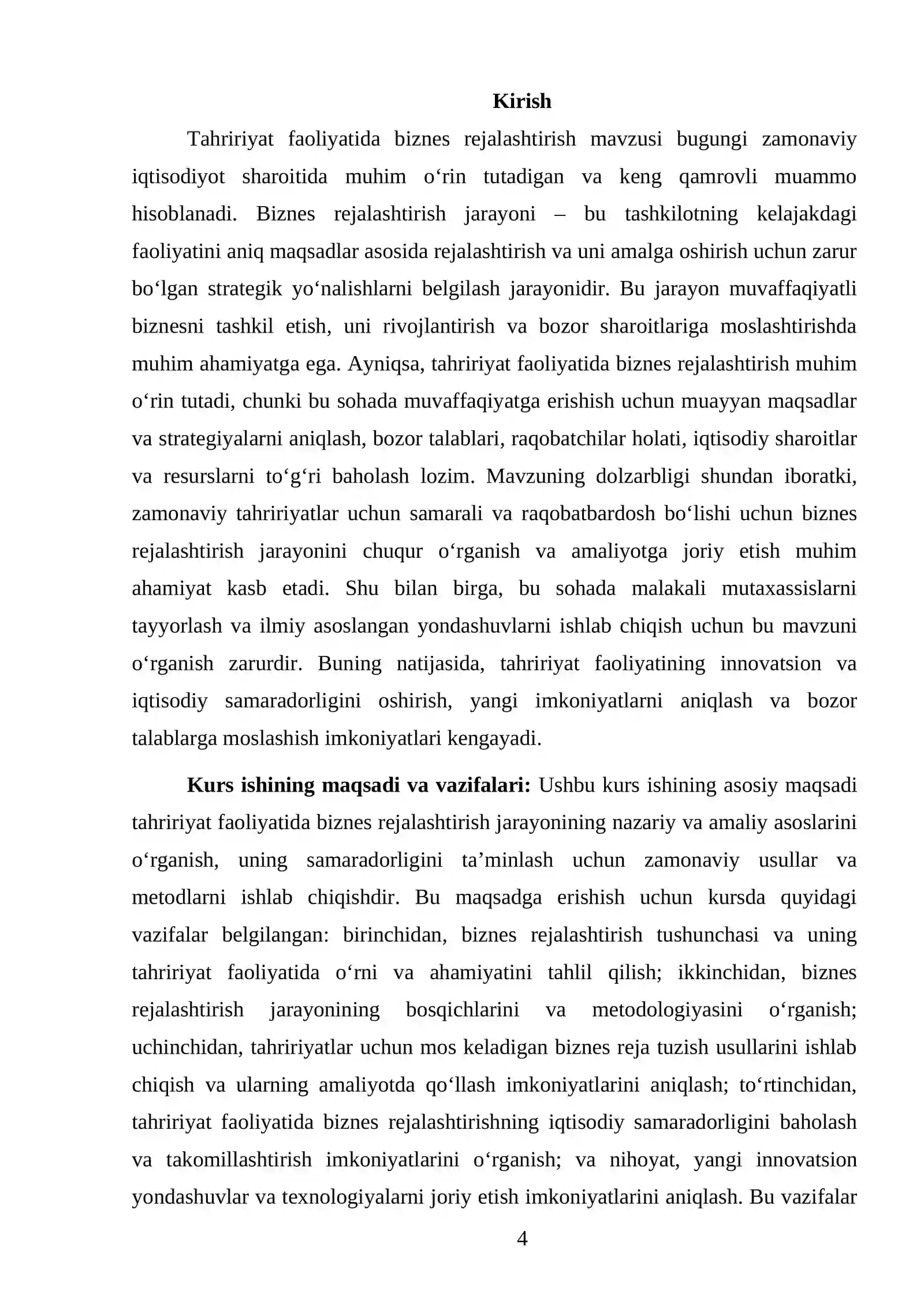 TAHRIRIYAT FAOLIYATIDA BIZNES REJALASHTIRISH FANIDAN TAYYORLAGAN KURS ISHI 4