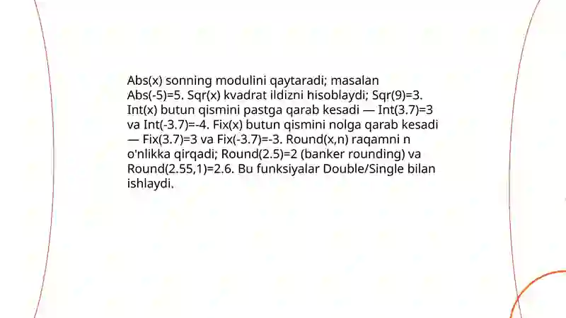 Visual basicda standart funksiyalar,shartli oʻtish operatorlari, sikl operatorlari va massivlar 4