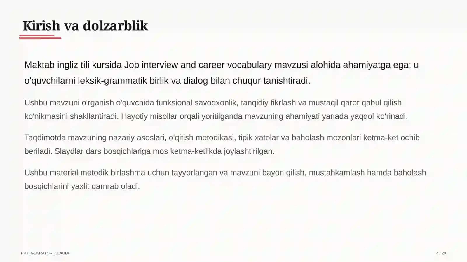 Job interview and career vocabulary (11-sinf) Ingliz tili (1– 11) — metodik birlashma uchun 4