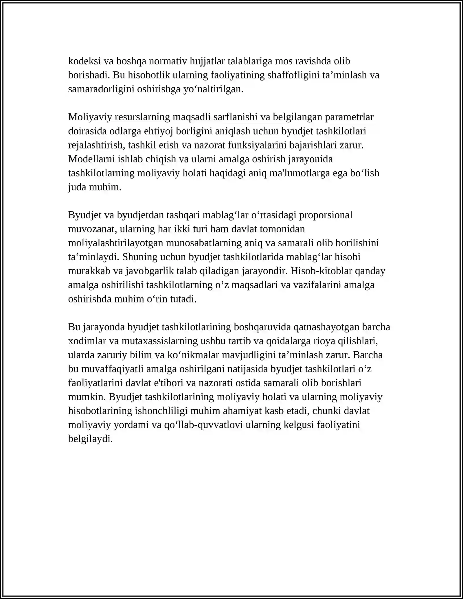 MUSTAQIL ISH: “BUDJET TASHKILOTLARIDA BUDJET VA BUDJETDANTASHQARI JAMGARMALAR BILAN HISOBLASHUVLAR HISOBI” 2025-2026-o'quv yili 4