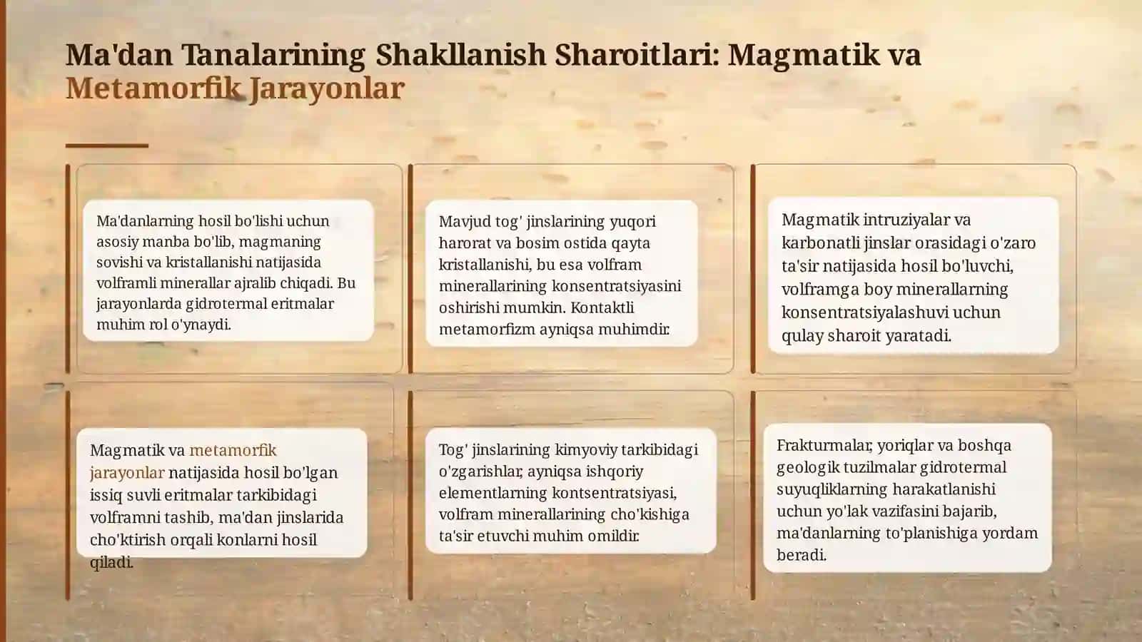 Volfram konlari, joylashuvining umumiy qonuniyatlari, ma'dan tanalarining hosil bo'lish sharoitlari 4