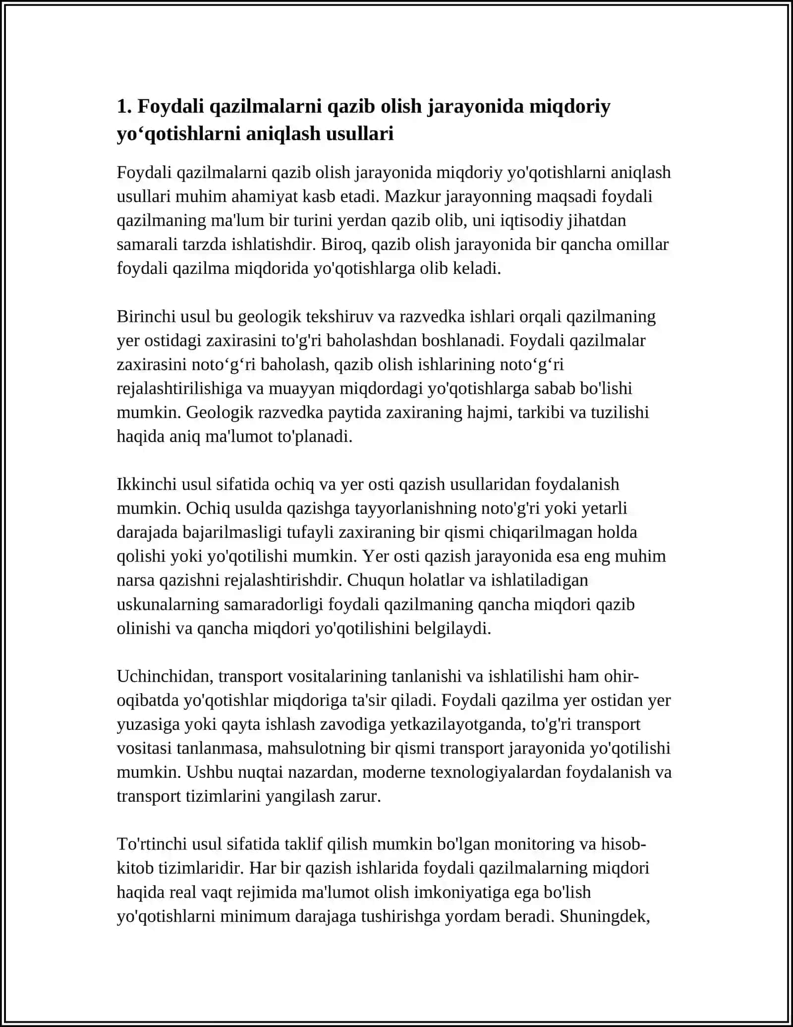 FOYDALI QAZILMALARNING MIQDOR VA SIFAT JIHATIDAN YO'QOTILISHLARINI ANIQLASH, HISOBGA OLISH 4