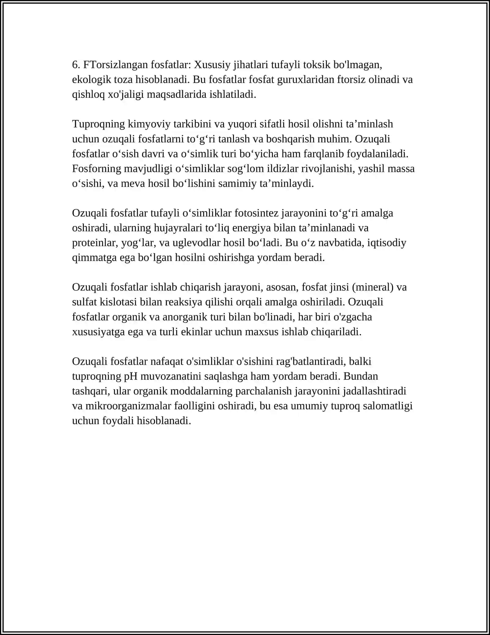 OZUQALI VA TERMIK FOSFATLAR. OZUQALI KALSIY FOSFATLAR. FTORSIZLANGAN FOSFATLAR 4