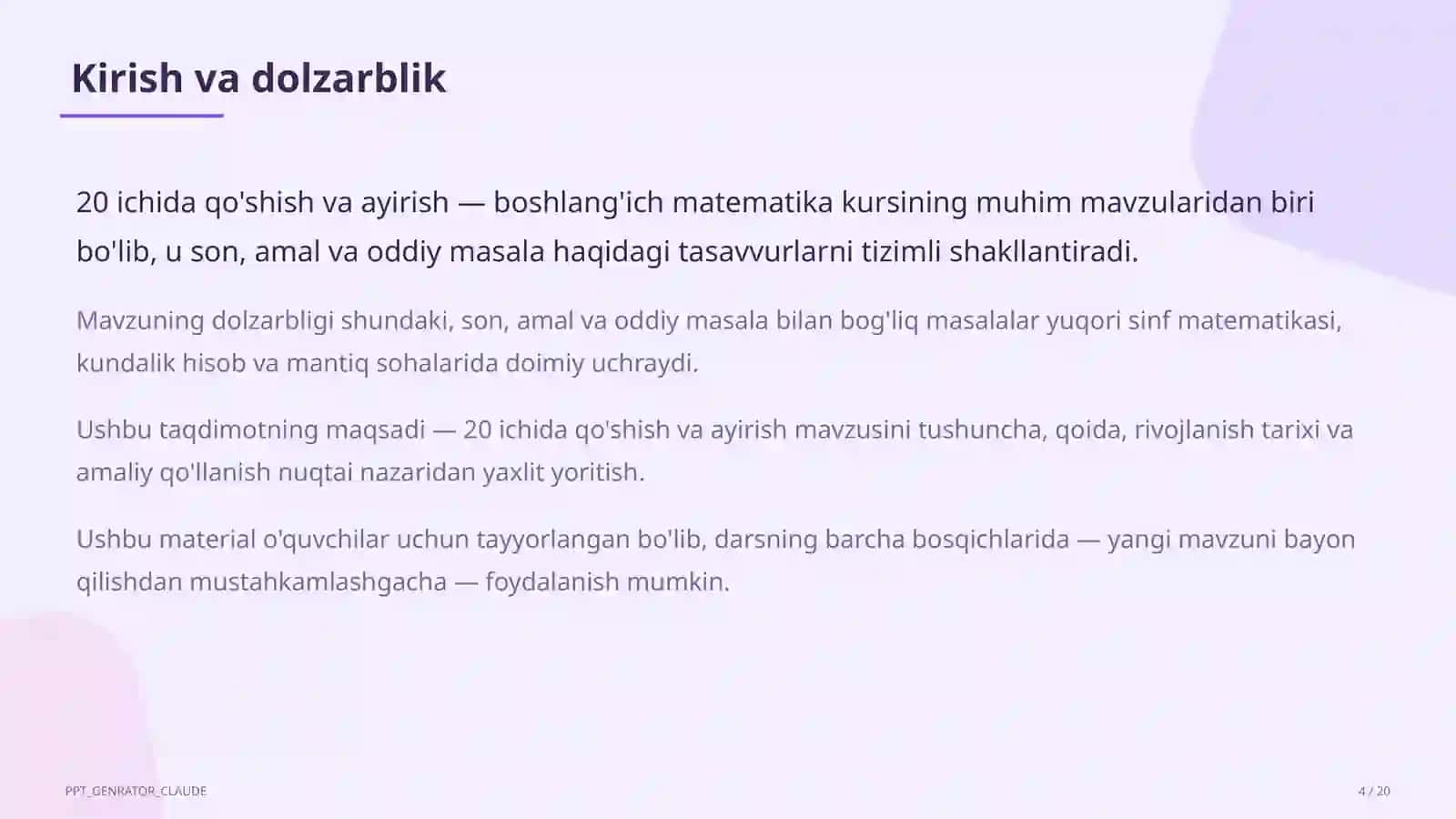 20 ichida qo'shish va ayirish (1-sinf) 4