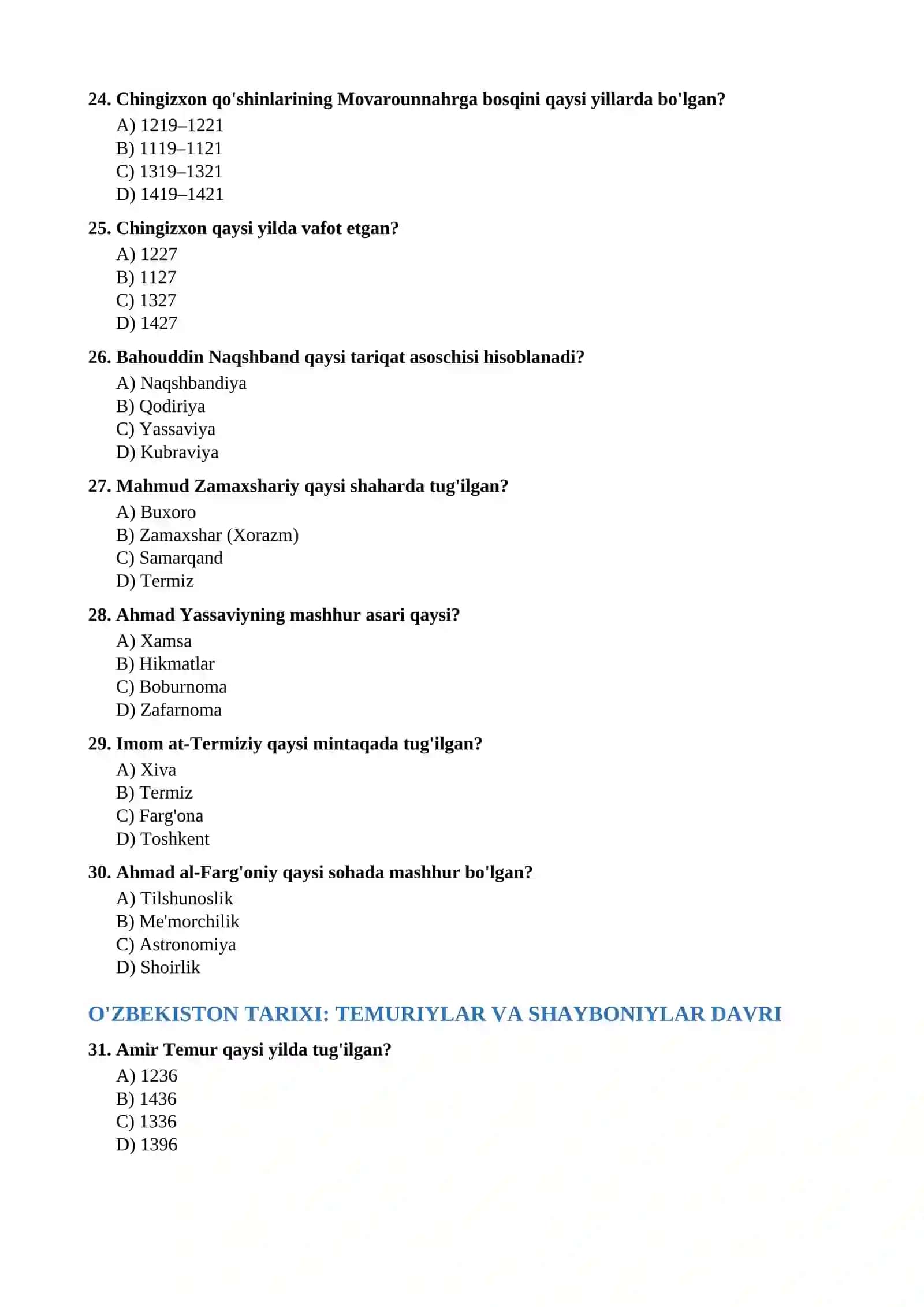 TARIXDAN TEST SAVOLLARI 4
