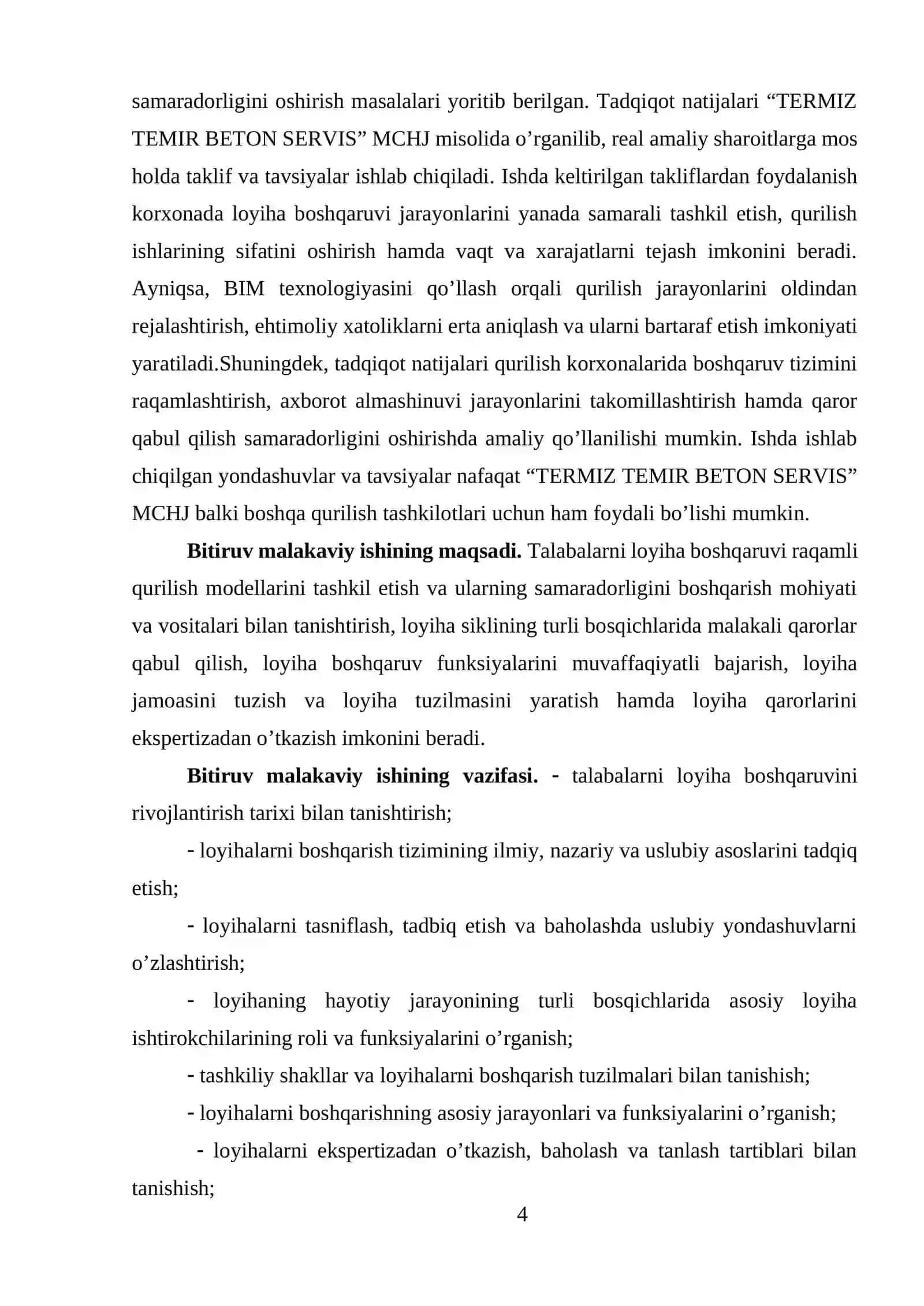 Loyiha boshqaruvida raqamli qurilish modellarini tashkil etish va ularning samaradorligini boshqarish (“TERMIZ TEMIR BETON SERVIS” MCHJ korxonasi misolida) 4