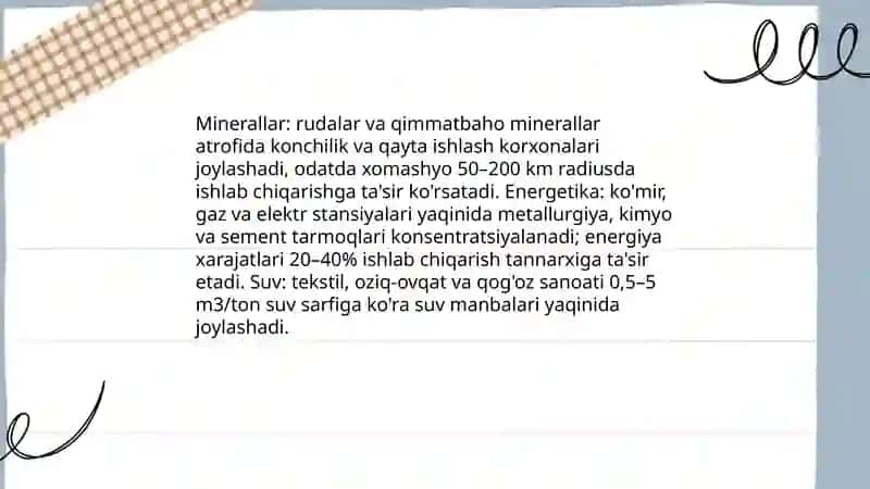 Sanoat tarmoqlarining hududiy joylanishi va rivojlanishiga tabiiy va iqtisodiy omillarning ta'siri 4