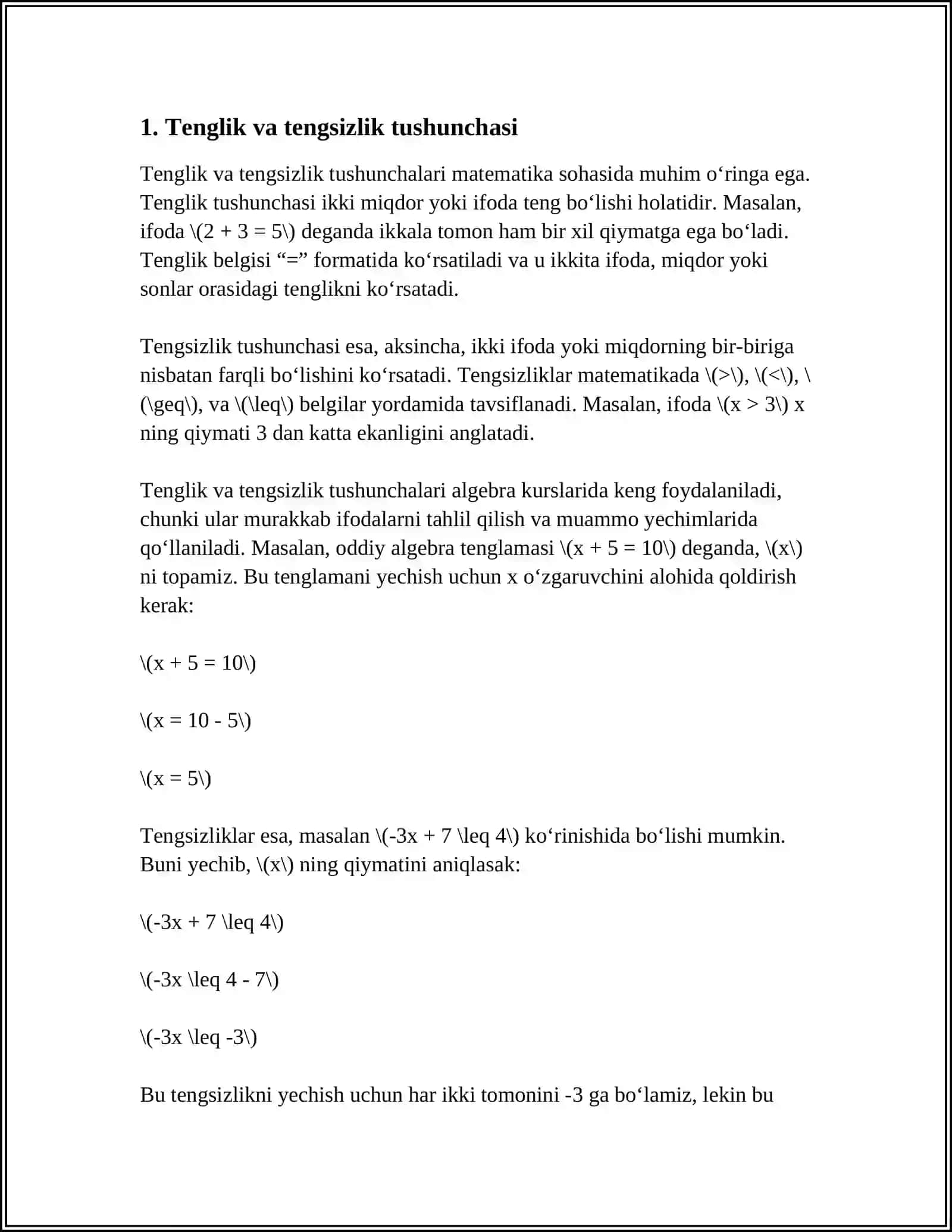 TENGLIK VA TENGSIZLIKLARNI O'RGATISH METODIKASI BILAN TANISHTIRISH. SODA TENGLAMALARNI O'RGATISH METODIKASI 4
