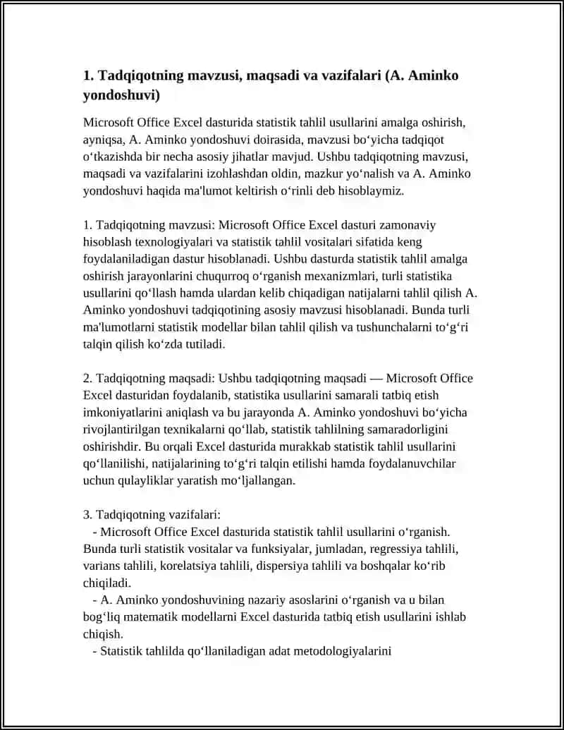 MICROSOFT OFFICE EXCEL KOMPYUTER DASTURIDA STATISTIK TAHLIL USULLARINI AMALGA OSHIRISHNING OʻZIGA XOS JIHATLARI BOʻYICHA A.AMINKO TADQIQOTINI KONSPEKTLASHTIRISH 4