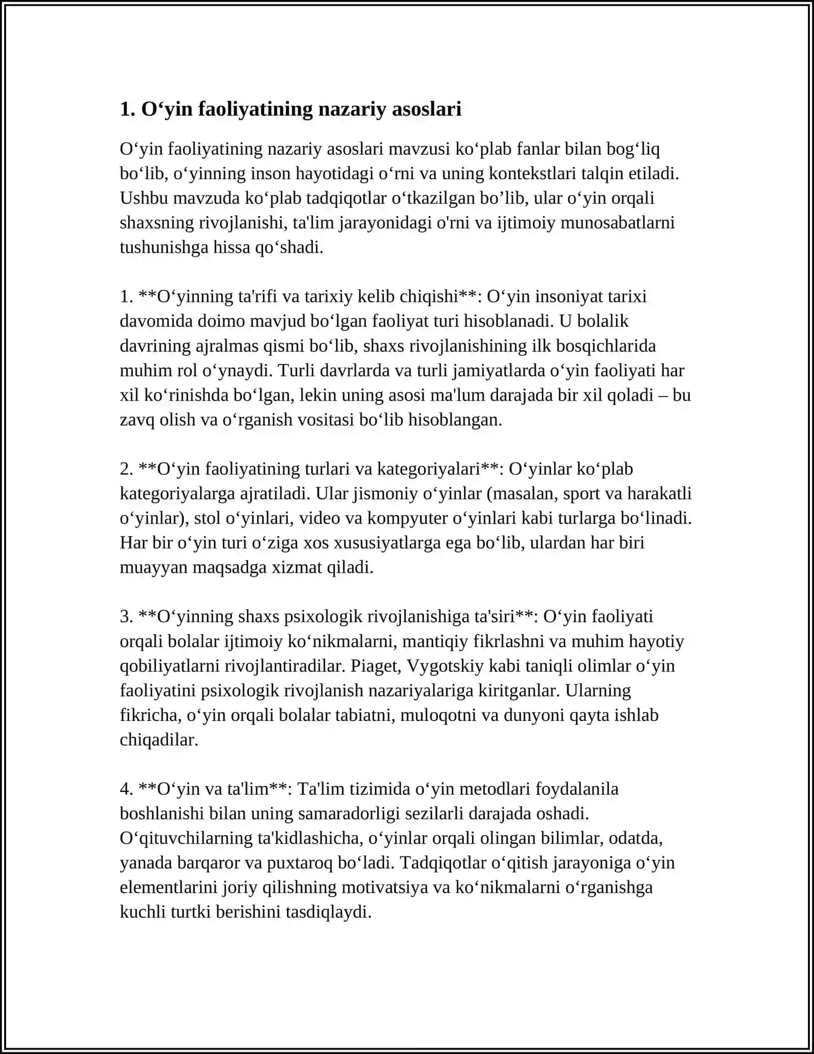 FAOLIYATNING OʻZLASHTIRILISHI VA MALAKALARNI EGALLASH.OʻYIN FAOLIYATI TARTIBINI ISHLAB CHIQISH 4