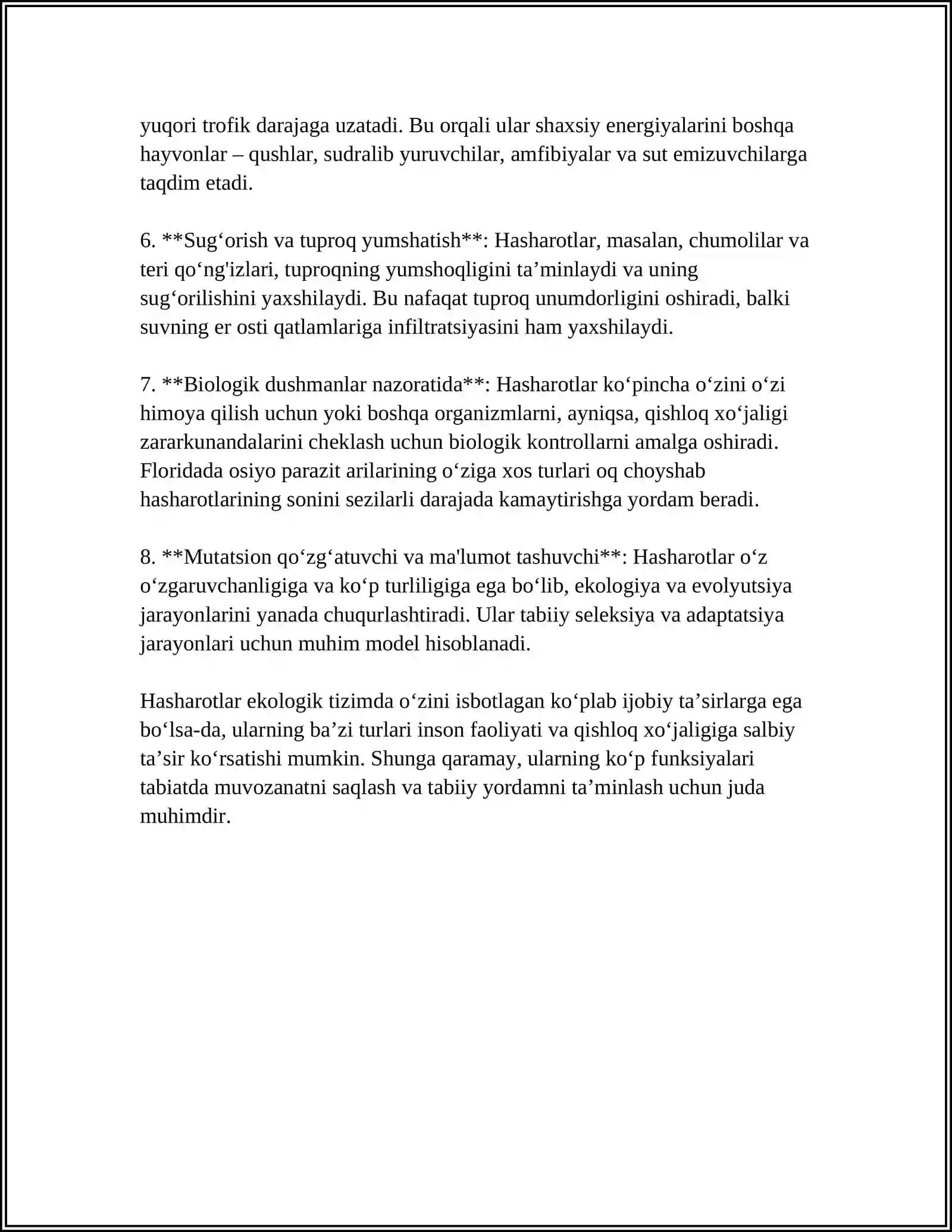 HASHAROTLARNI TABIATDAGI AHAMIYATI MAVZUSIDA VIKTORINA SAVOLLAR VA TAQDIMOT 4