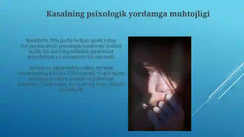 Bemorlarning ruhiy holati "Depressiya, shok, qo'rquv, ipoxondriya, o'zini aybdor his qilish" 4
